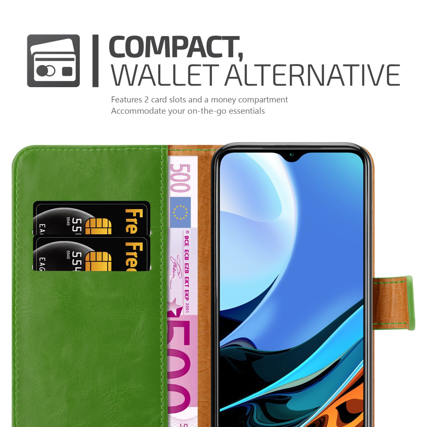 Eine Handy-Geldbörse mit einem Telefon, Karten und einem 500-Euro-Schein. Die Geldbörse ist grün und hat Kartenfächer.
