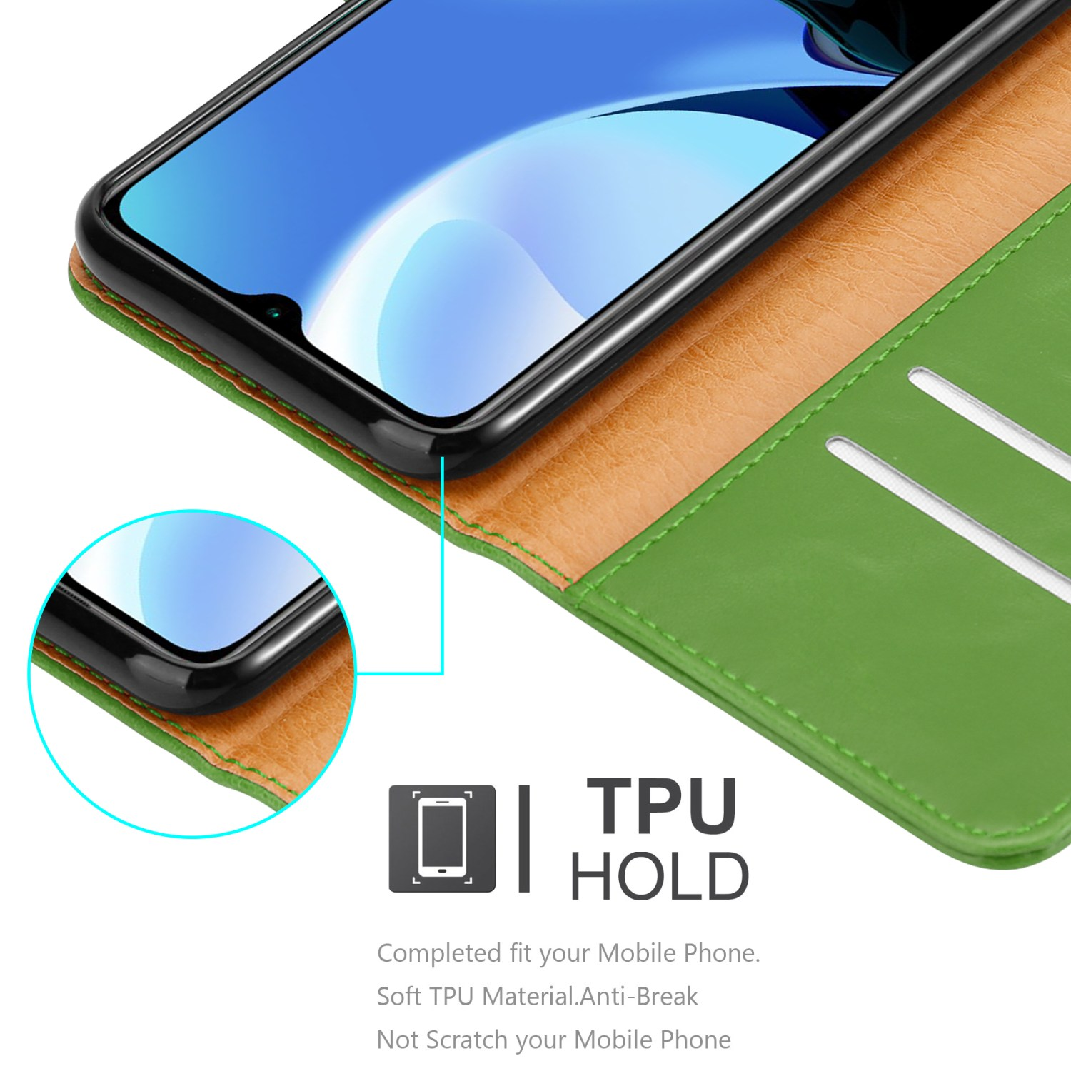 Eine grüne Handyhülle geöffnet, die Innenseite zeigend. Das Telefon ist innen, mit braunem Innenraum.