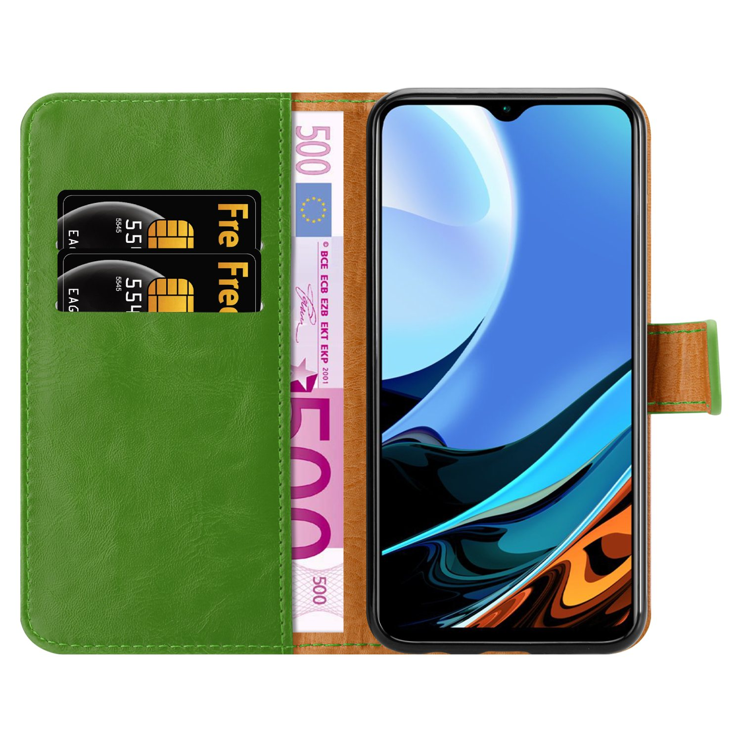 Eine grün-braune Handyhülle mit Telefon und Bargeld. Das Telefon hat einen blauen Bildschirm.
