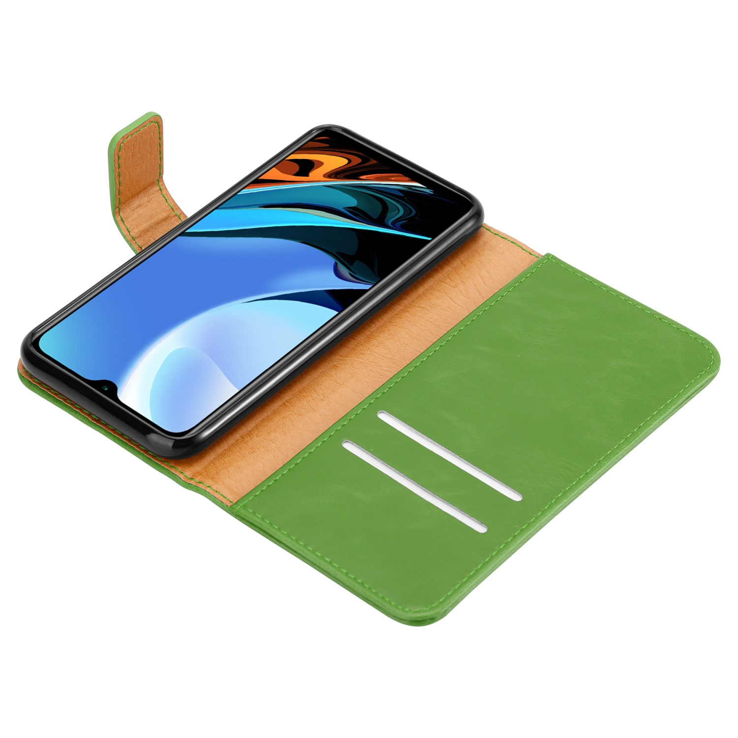 Grüne Handyhülle offen, mit einem Telefon darin. Der Telefonbildschirm zeigt ein verschwommenes Bild. Zwei Kartenfächer sind sichtbar.