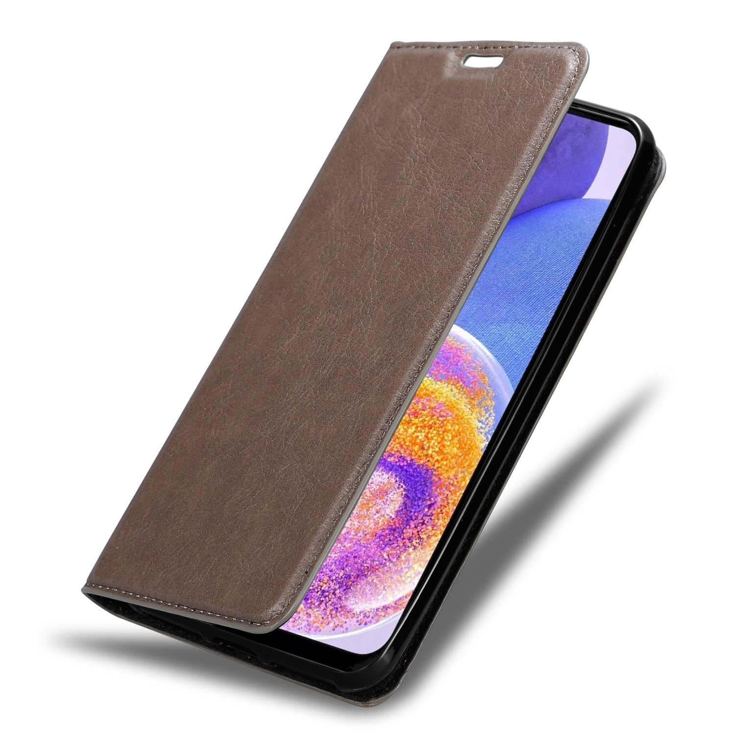 Eine braune Leder-Handyhülle, geöffnet gezeigt. Die Hülle ist für ein Telefon entworfen.