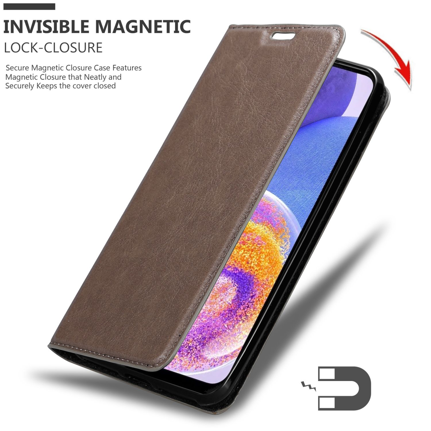 Braune Handyhülle mit Magnetverschluss. Die Hülle ist geöffnet und zeigt das Telefon.