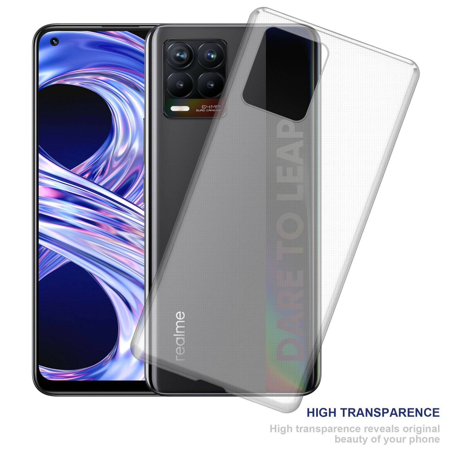 Telefon mit klarer Schutzhülle, Rückansicht. Telefon teilweise sichtbar.