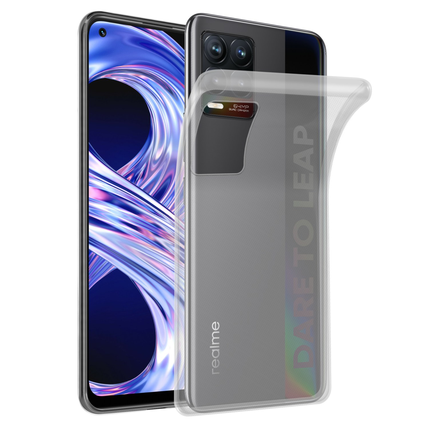 Telefon mit klarer Hülle. Hintergrund zeigt das Display des Geräts. Die Hülle zeigt 'DARE TO LEAP'.