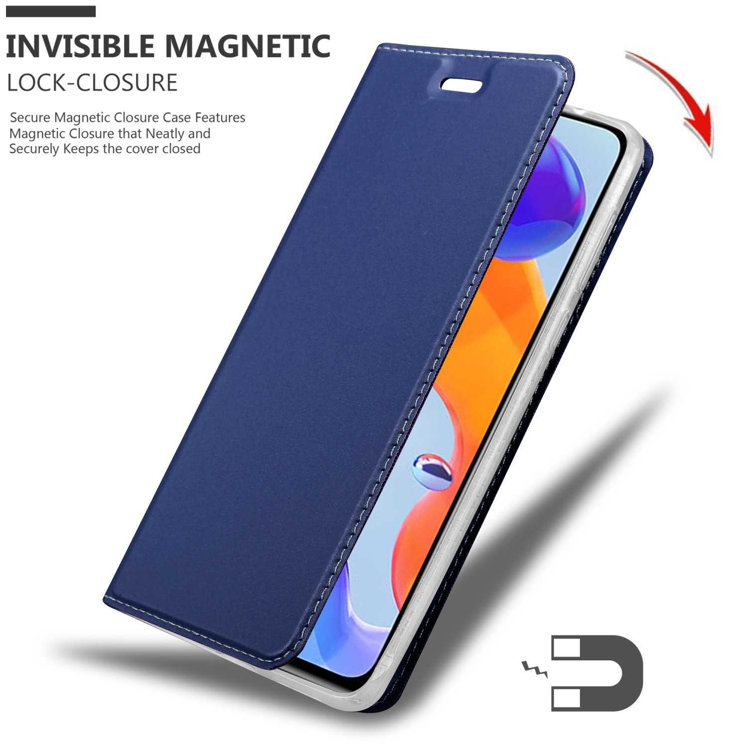 Blaue Handyhülle mit Magnetverschluss. Das Telefon ist im offenen Gehäuse sichtbar.