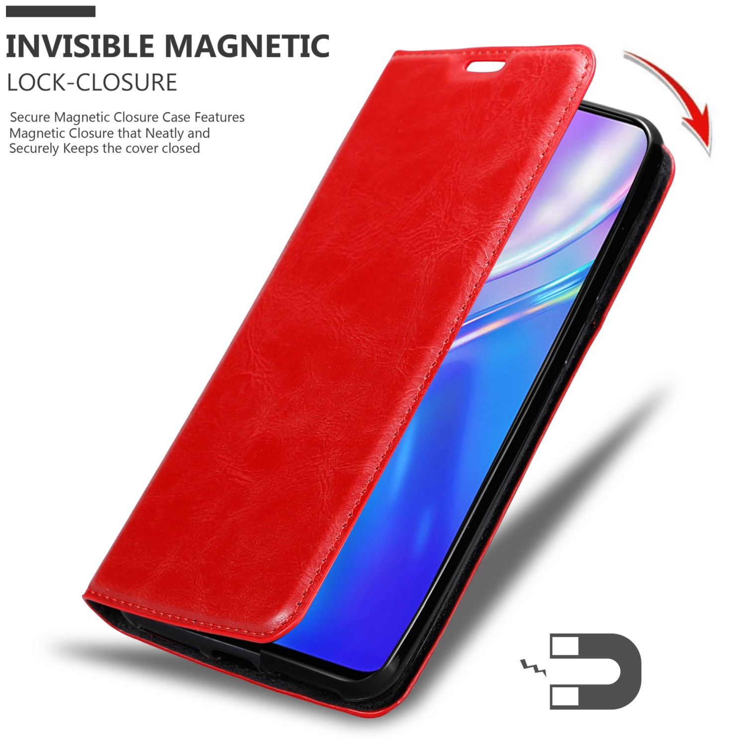 Custodia per telefono rossa, aperta. Telefono visibile. Testo: Chiusura a scatto magnetica invisibile.