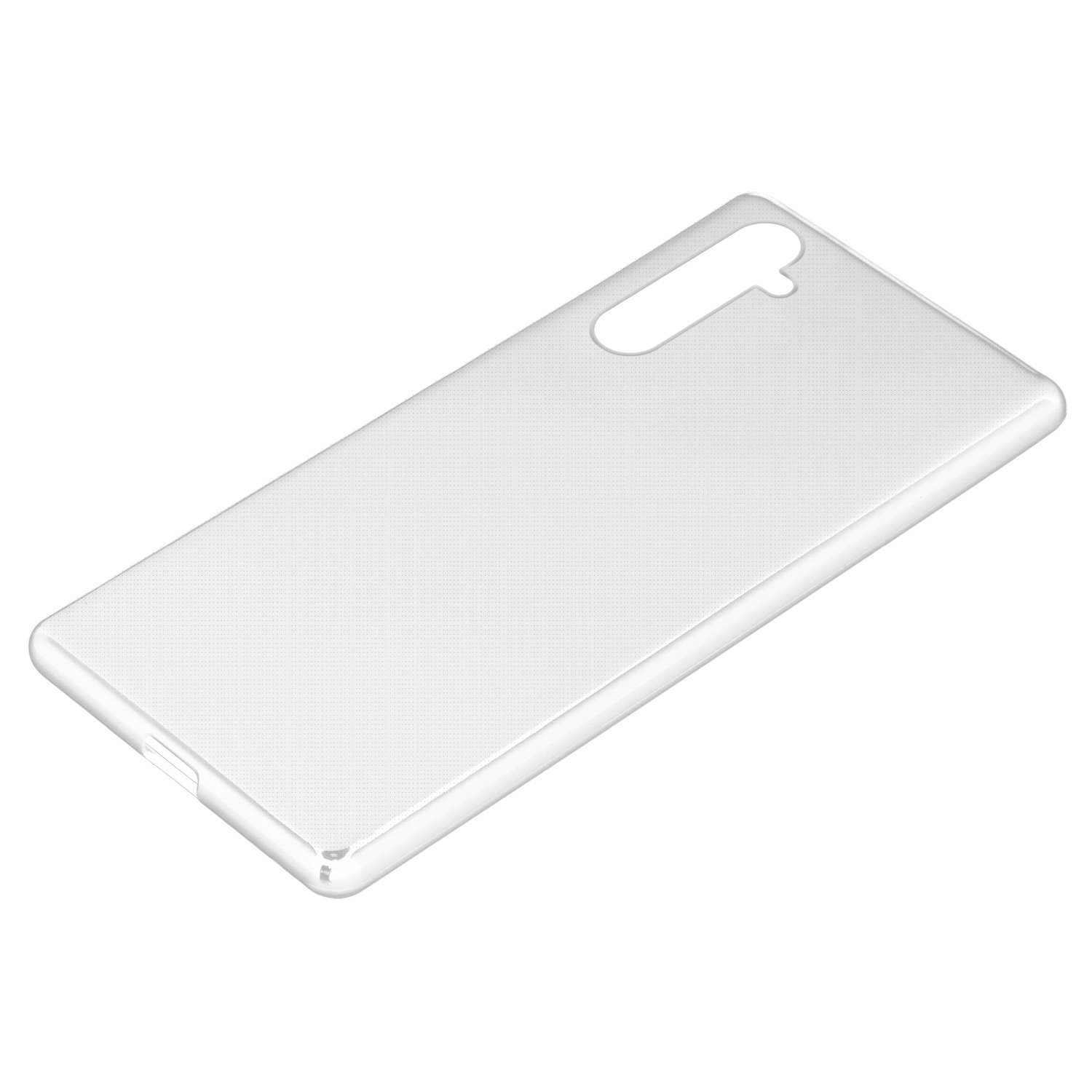 Custodia trasparente per telefono su sfondo bianco. Ha ritagli per la fotocamera e altre funzioni. Lo sfondo è bianco.
