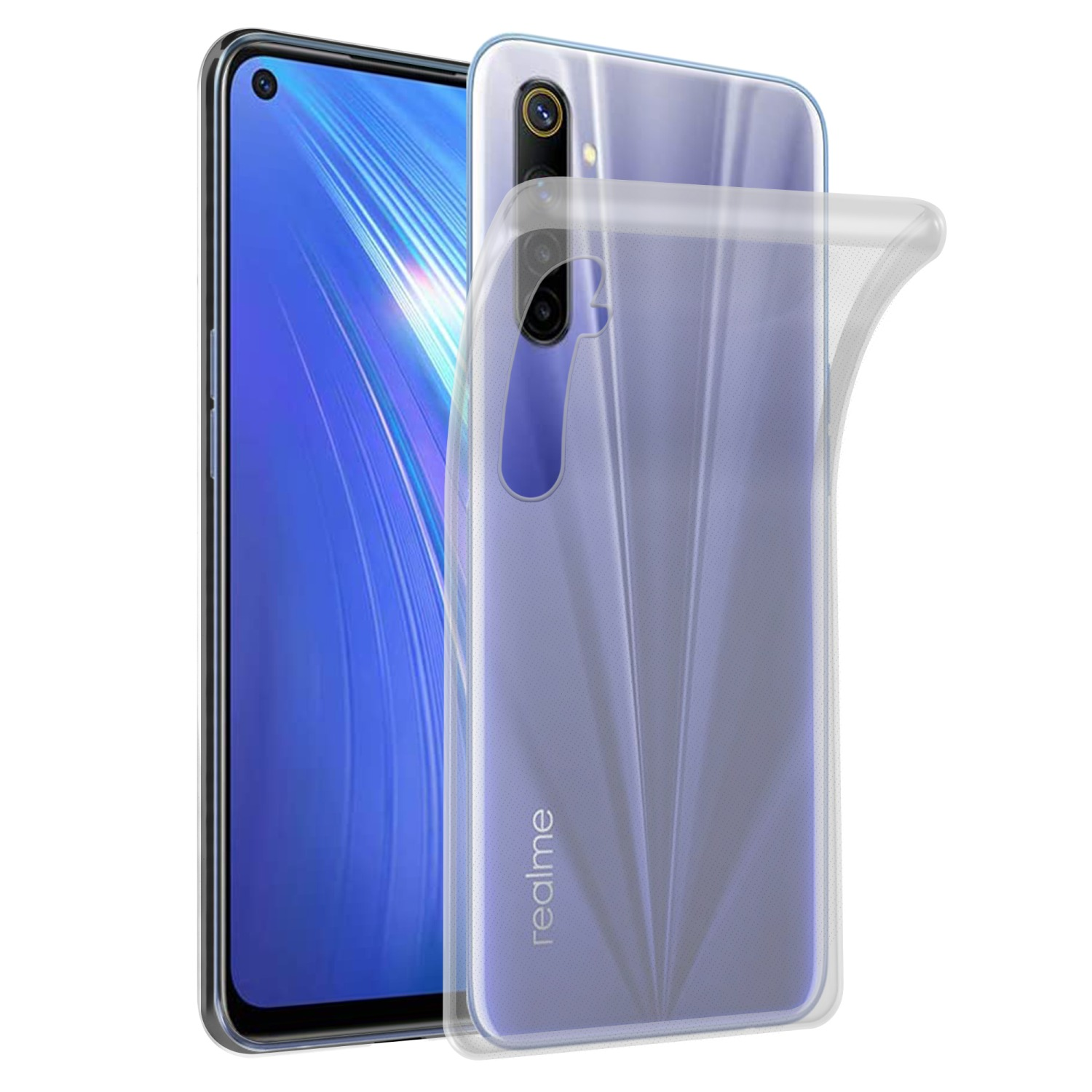 Una custodia trasparente per telefono su un telefono Realme viola. Il telefono e la custodia sono posizionati su uno sfondo bianco.