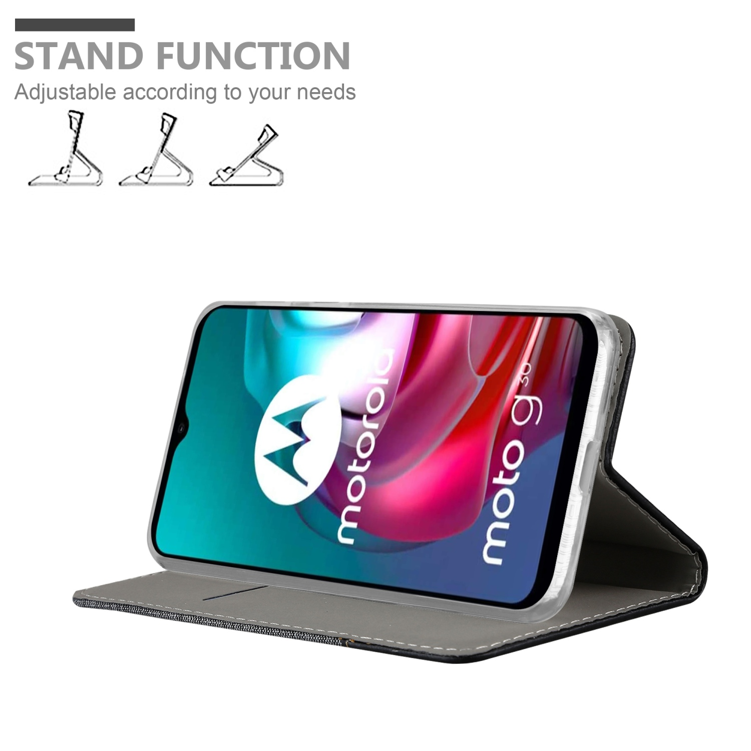 Custodia per telefono con funzione stand. La custodia è aperta, mostrando il telefono. Sfondo bianco.