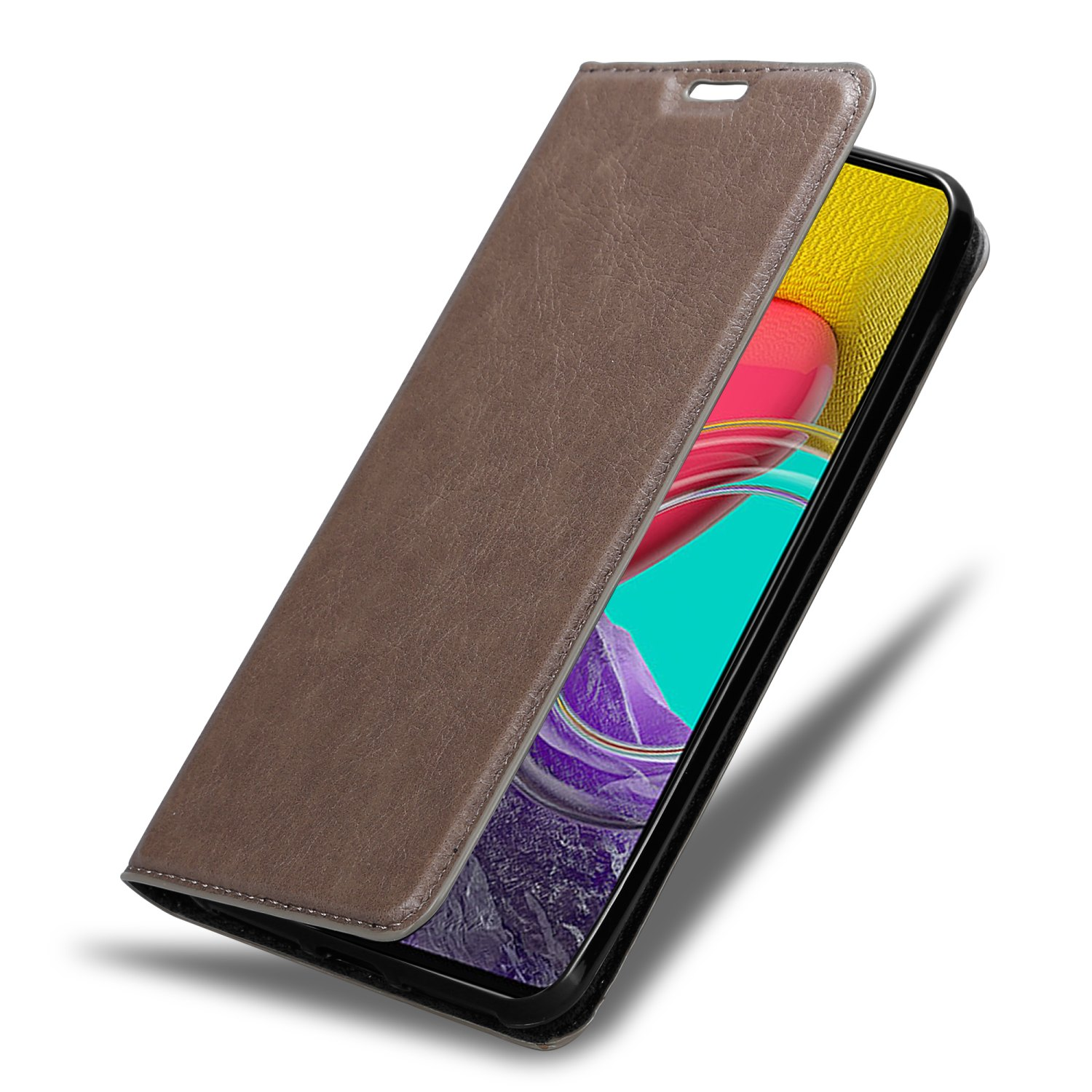 Custodia marrone per telefono con un telefono. Testo in alto: Pelle PU premium.