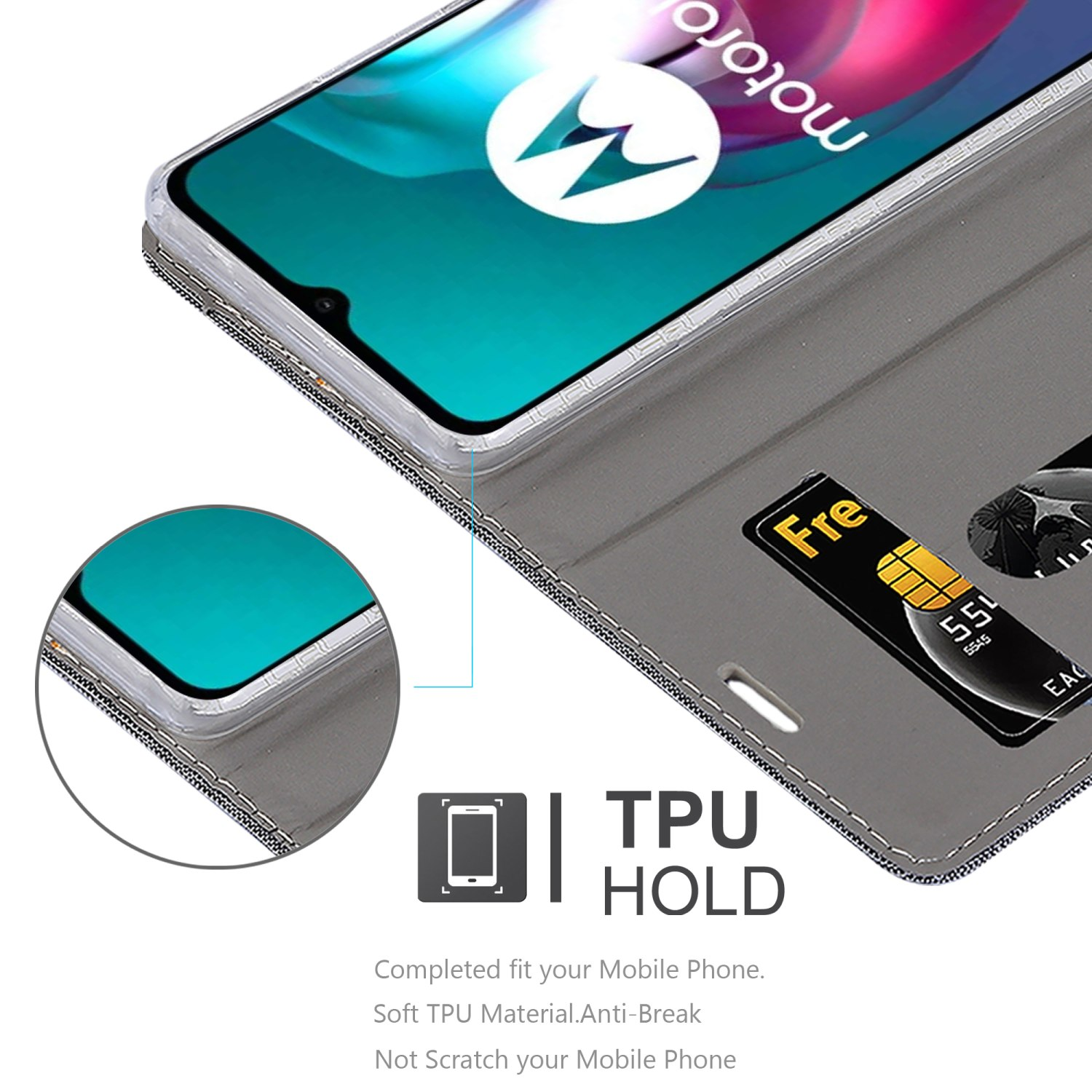 Una custodia grigia per telefono con un telefono all'interno, aperta, che mostra lo schermo. Supporto in TPU per il telefono.