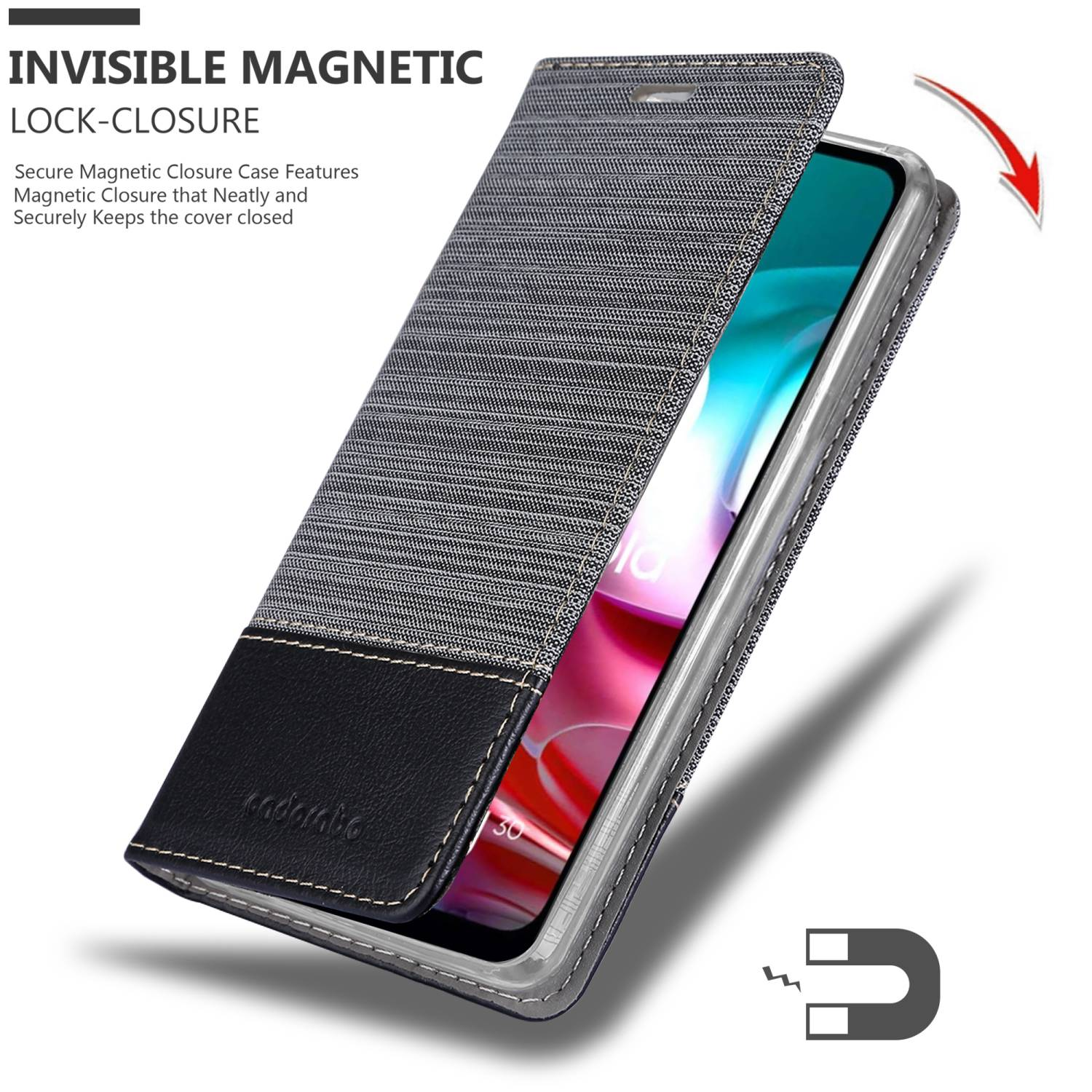 Una custodia per telefono con un telefono all'interno. La custodia è nera e grigia con una chiusura magnetica. Lo schermo del telefono è visibile.