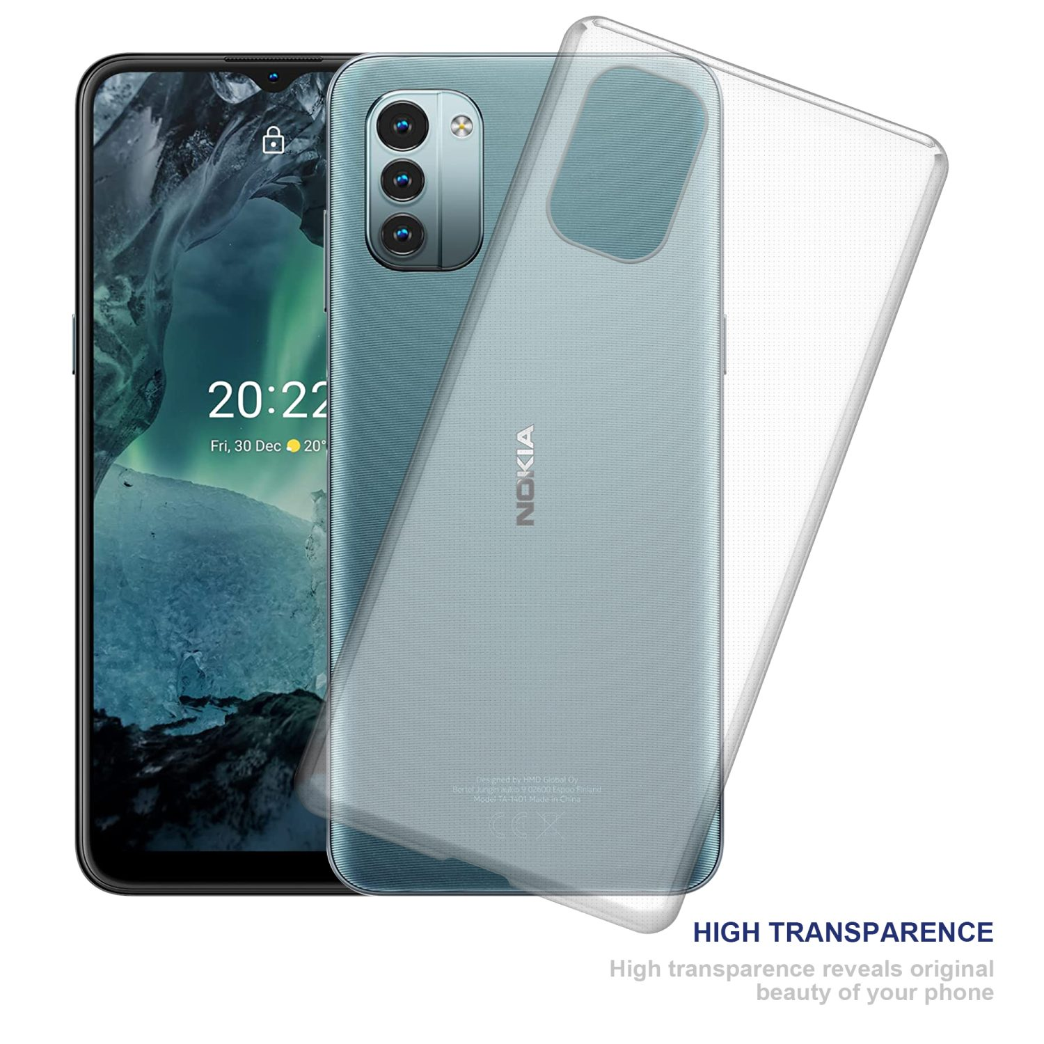 Ein Telefon mit einer transparenten Hülle. Das Telefon ist schwarz, mit sichtbarem Bildschirm. Die Hülle ist transparent.
