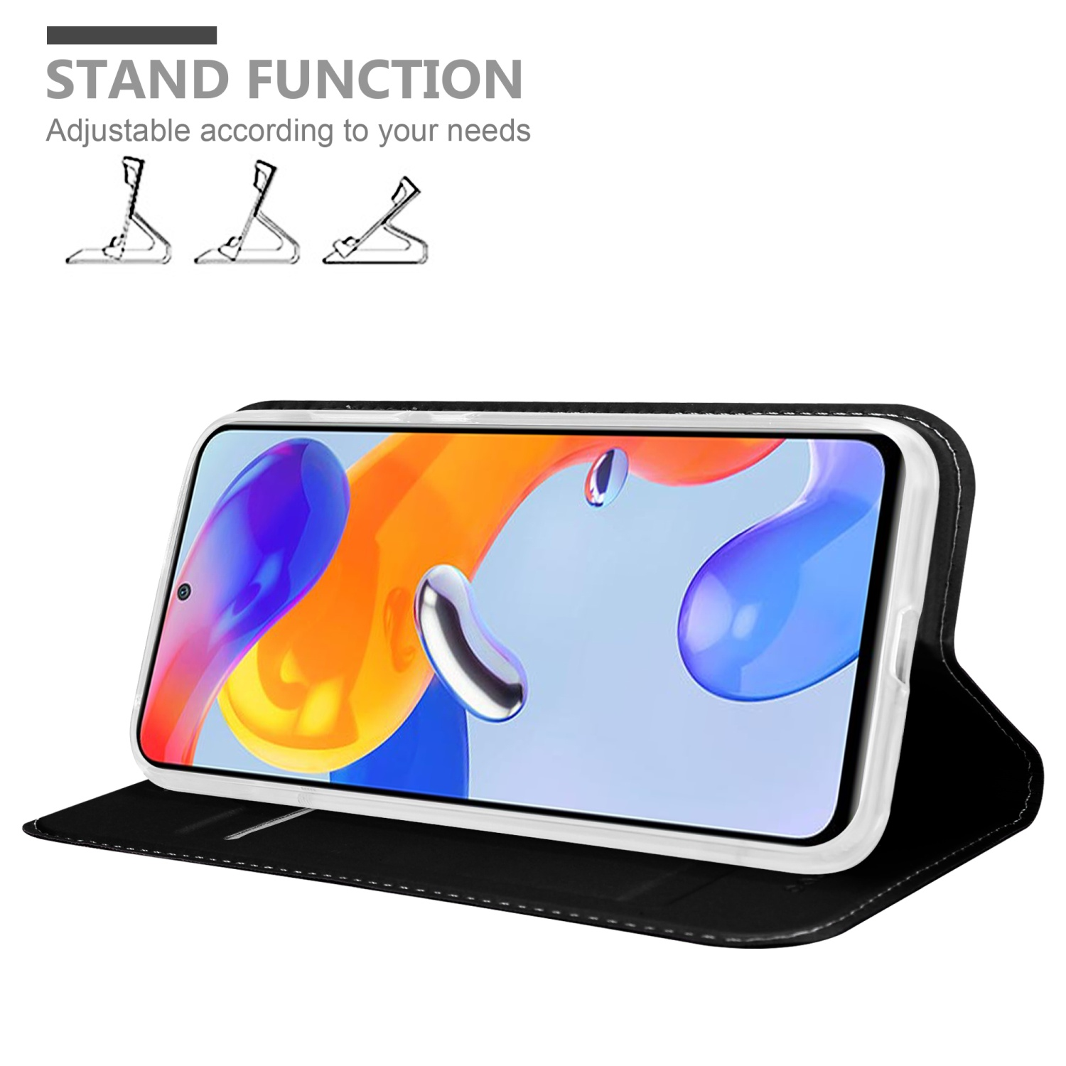 Schwarze Handyhülle mit einem Telefon, das aufrecht steht, mit dem Text der Standfunktion und drei Stand-Icons.