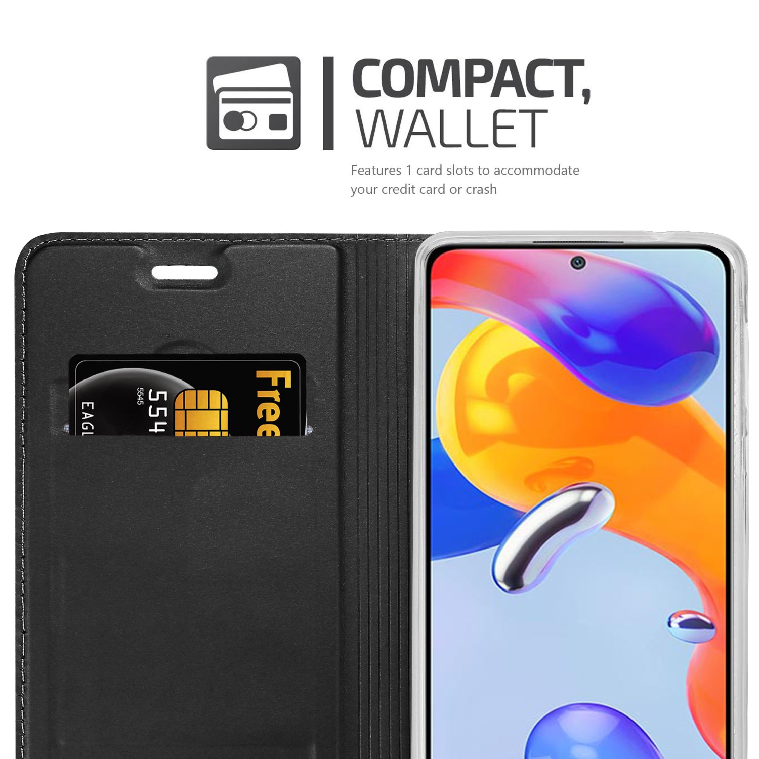 Schwarze Handyhülle mit Kreditkartenfach. Telefonbildschirm mit buntem Hintergrund und goldenem Rand.