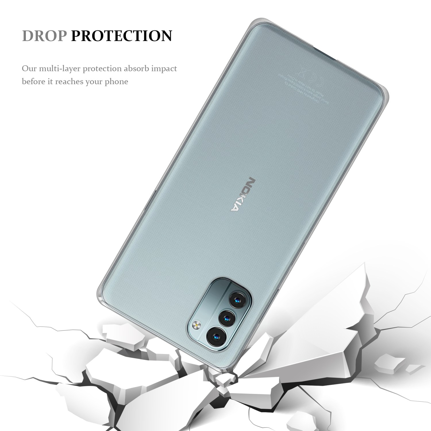 Telefon fällt auf zerbrochenen Beton. Silbernes Telefon, transparente Hülle.