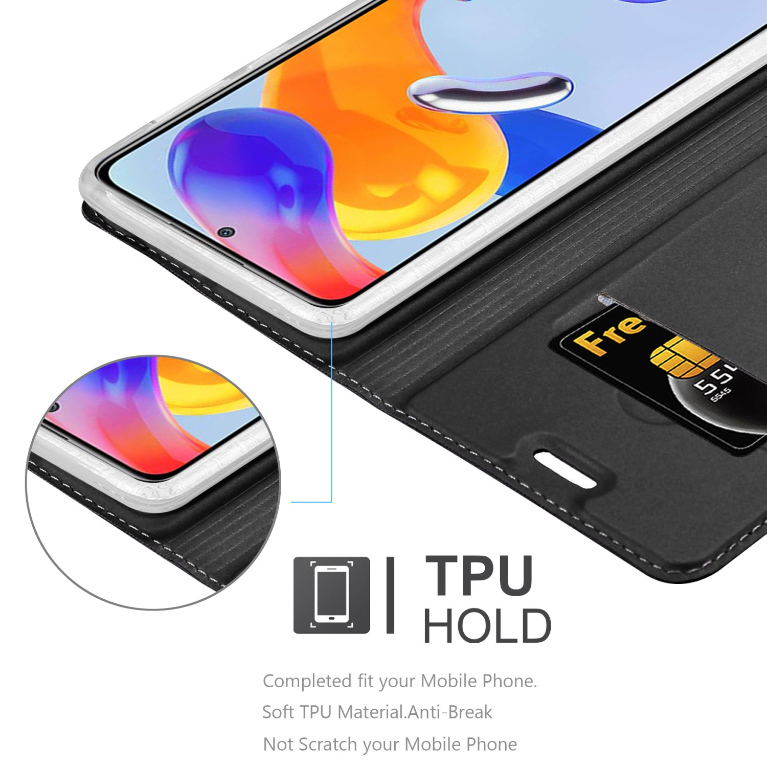 Ein Telefon in einer Hülle mit einer Karte darin. Das Telefon hat einen Bildschirm und eine Kamera. Text: TPU HOLD.