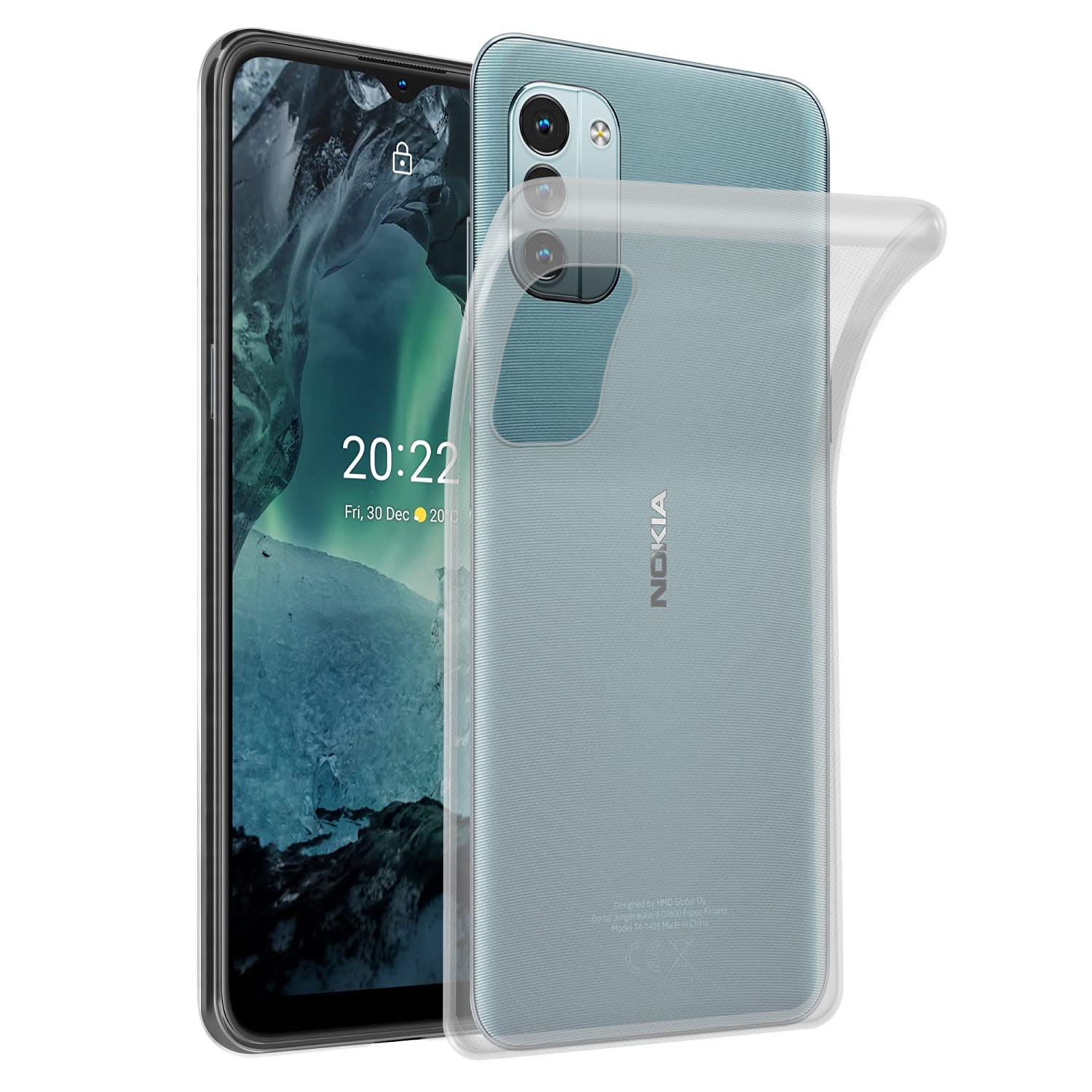 Transparente Handyhülle auf einem Telefon. Das Telefon liegt auf dem Rücken. Die Hülle hat eine transparente Rückseite.