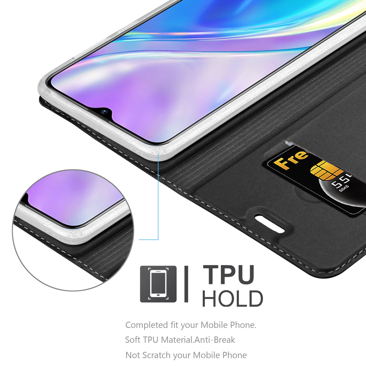 Telefono dentro custodia nera, schermo visibile, con carta. Dettaglio TPU HOLD.