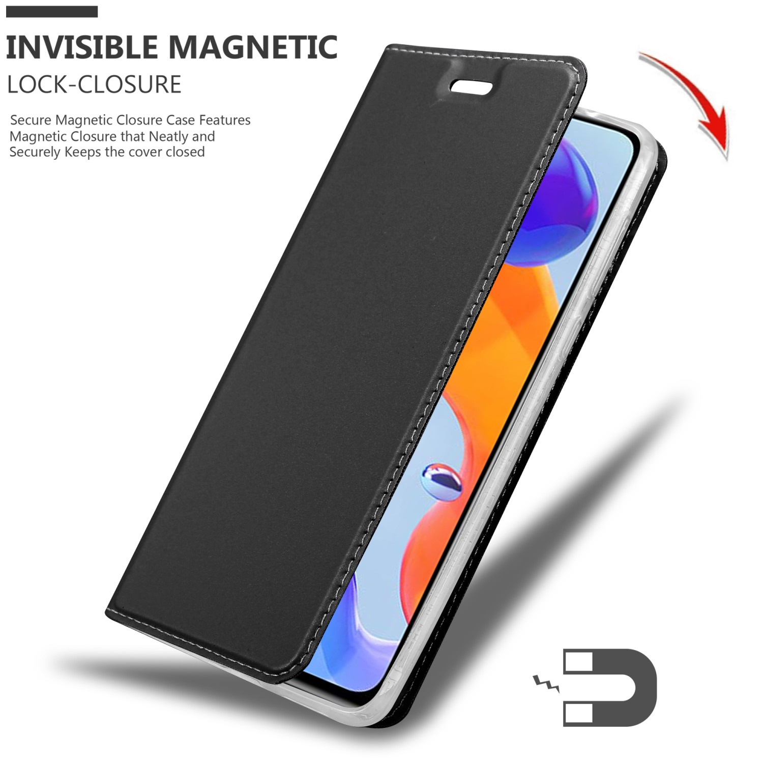 Schwarze Handyhülle mit Telefon und Magnetverschluss.