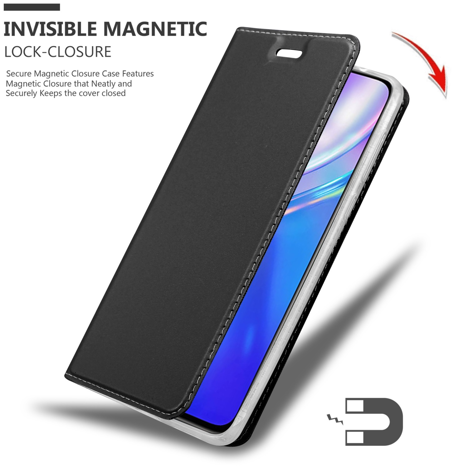 Custodia nera aperta, rivelando il telefono. Un magnete è mostrato vicino alla custodia.