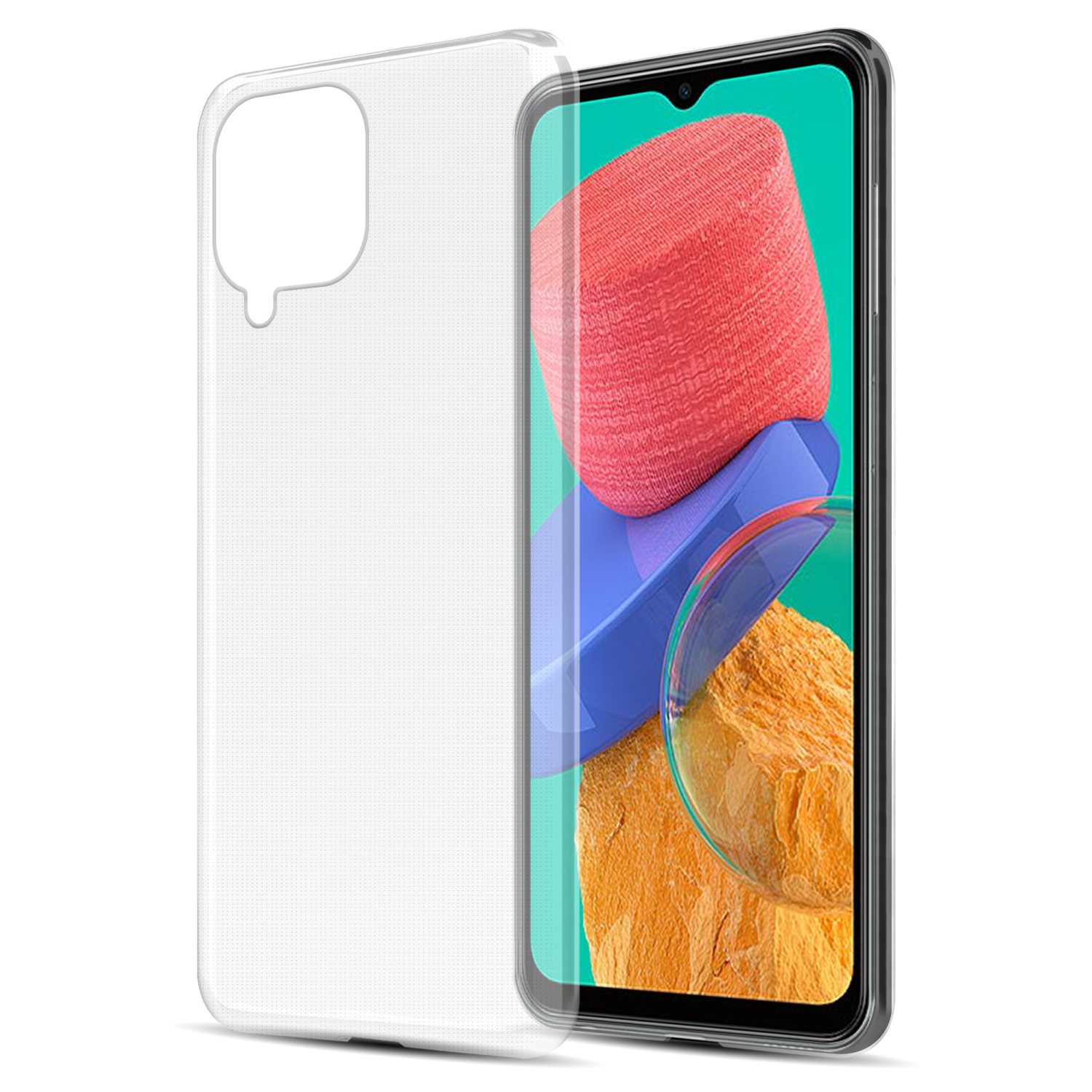 Custodia trasparente con telefono all'interno. Il telefono mostra arte astratta.