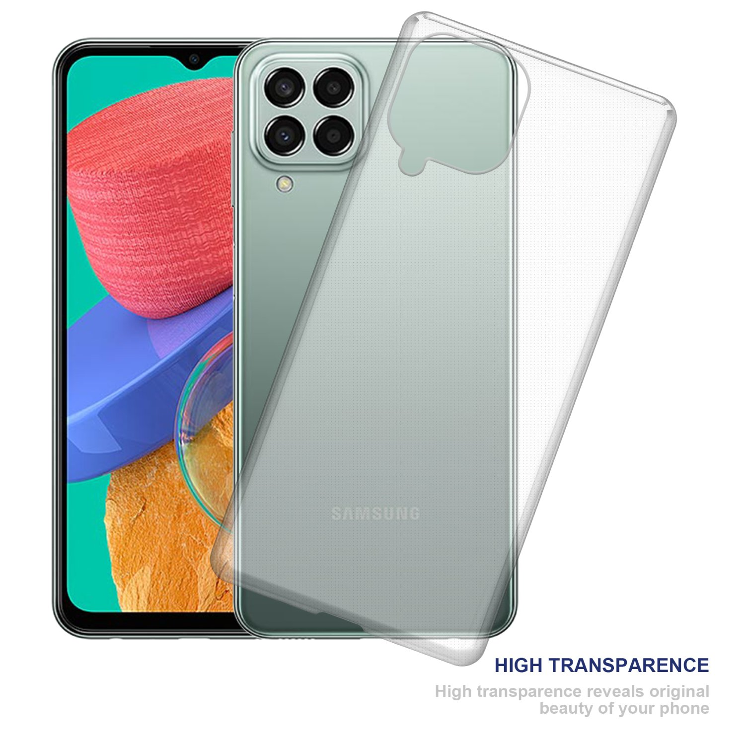 Un telefono con una custodia trasparente. Il telefono è verde e ha una fotocamera. La custodia è trasparente.