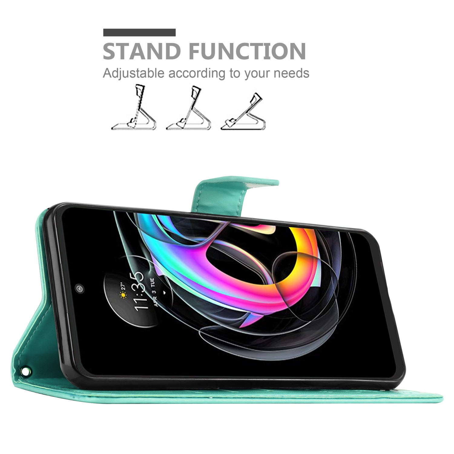 Custodia verde con telefono. Il telefono è in posizione verticale in un supporto.