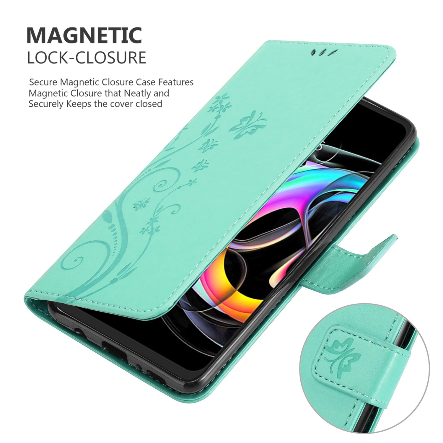 Una custodia per telefono verde acqua è aperta, rivelando un telefono. La custodia presenta un design floreale e una chiusura magnetica.