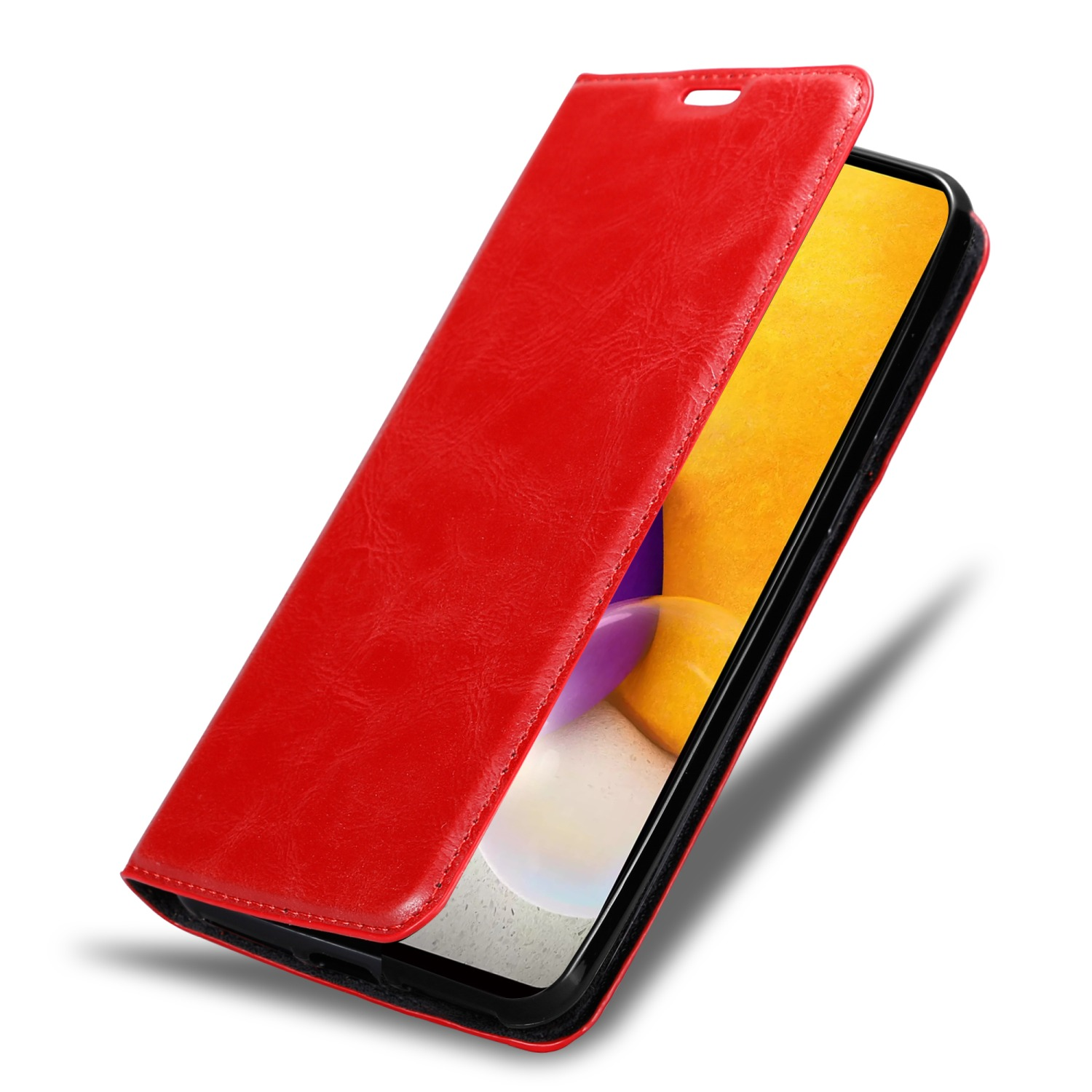 Custodia rossa del telefono aperta, che rivela lo schermo del telefono. La custodia è simile alla pelle con una superficie strutturata.