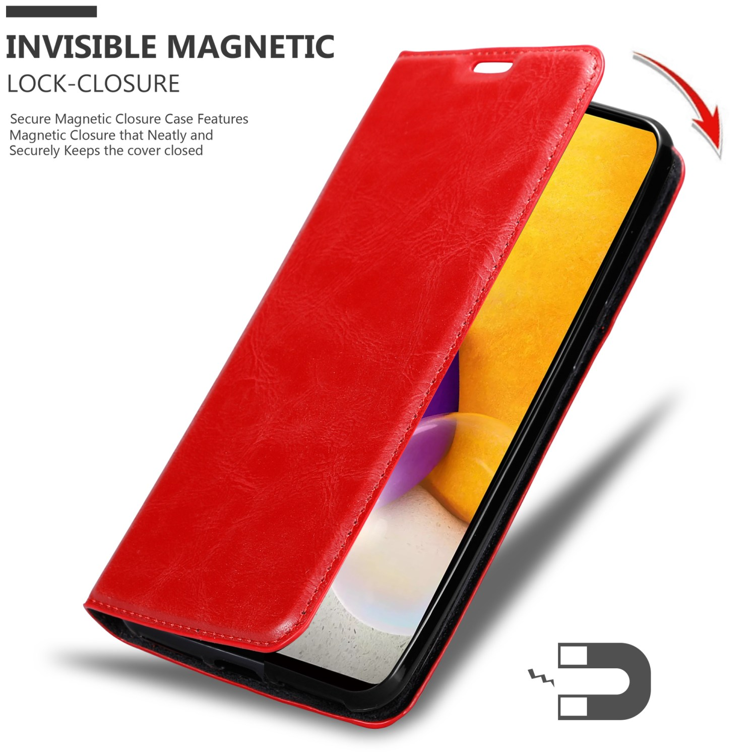 Custodia rossa per telefono con un telefono all'interno. La cover è aperta. Un simbolo magnete è nell'angolo in basso a destra.