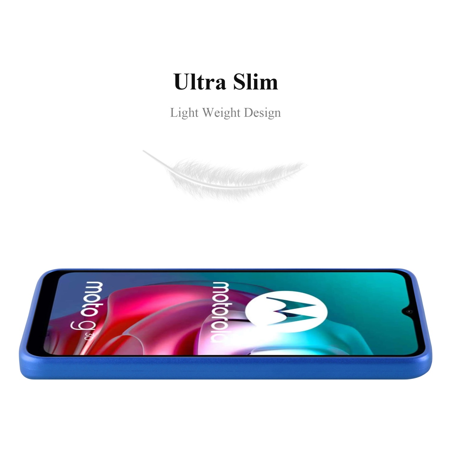 Custodia per telefono blu con telefono all'interno. Testo design ultra sottile e leggero.