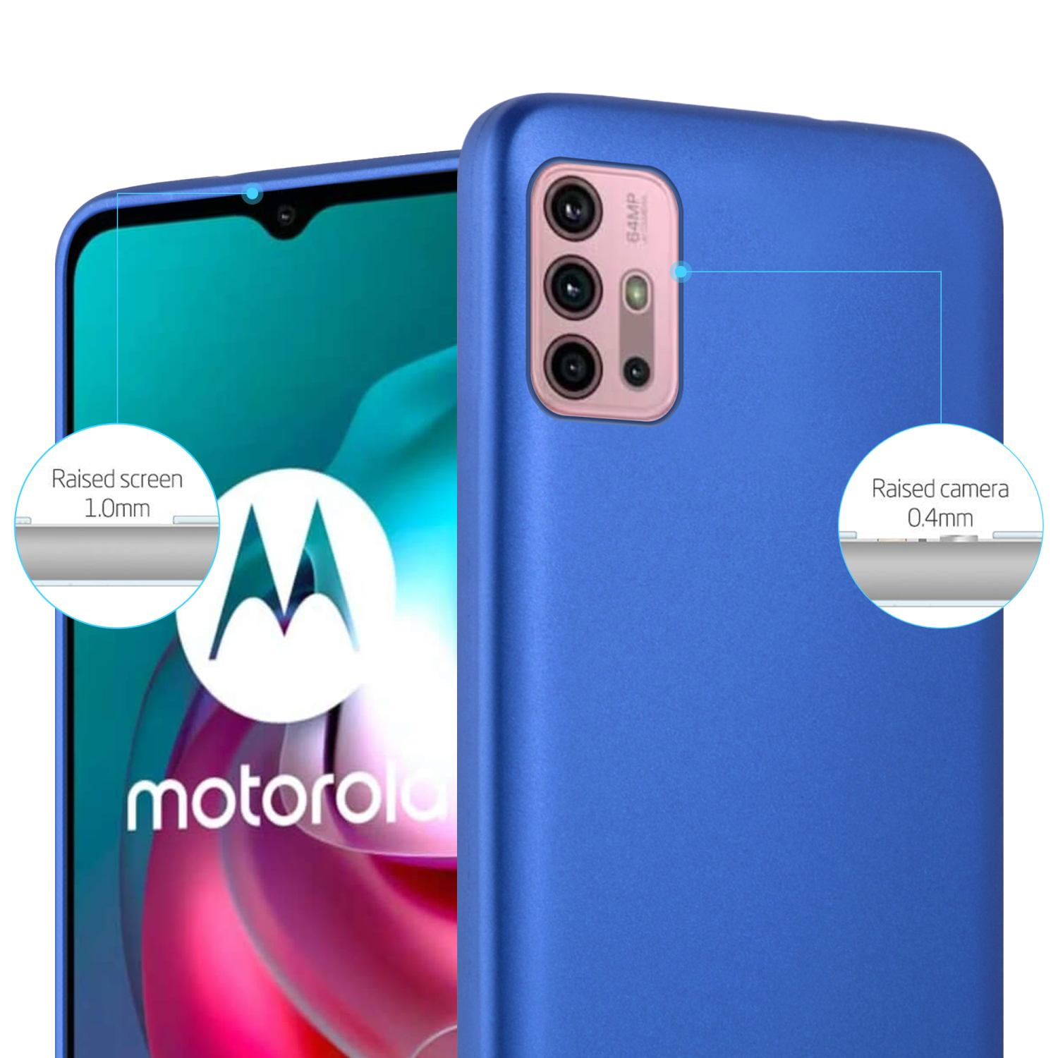Custodia blu, primo piano. Dettagli schermo e fotocamera rialzati. Sfondo bianco. Logo Motorola.
