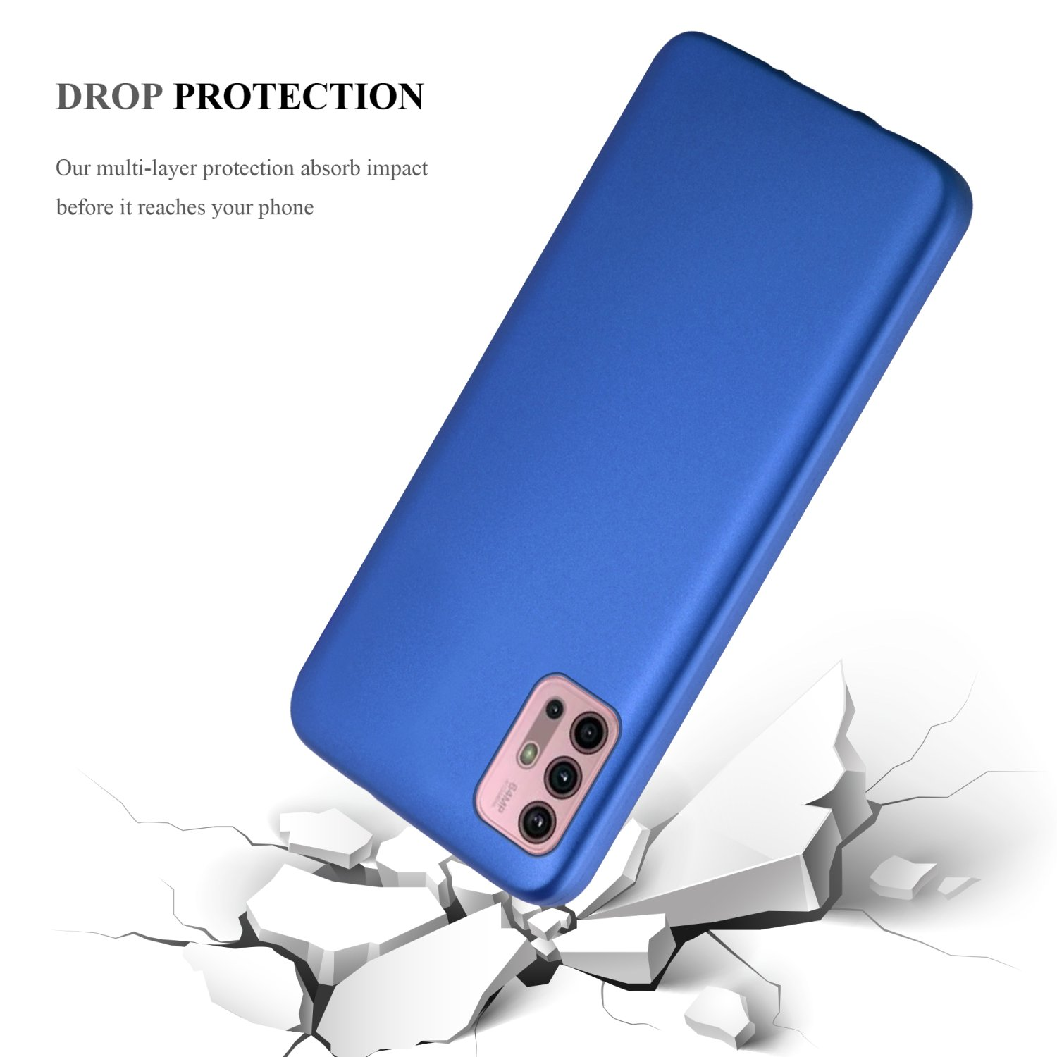 Custodia blu per telefono che cade e rompe un blocco bianco. Testo di protezione dalle cadute.