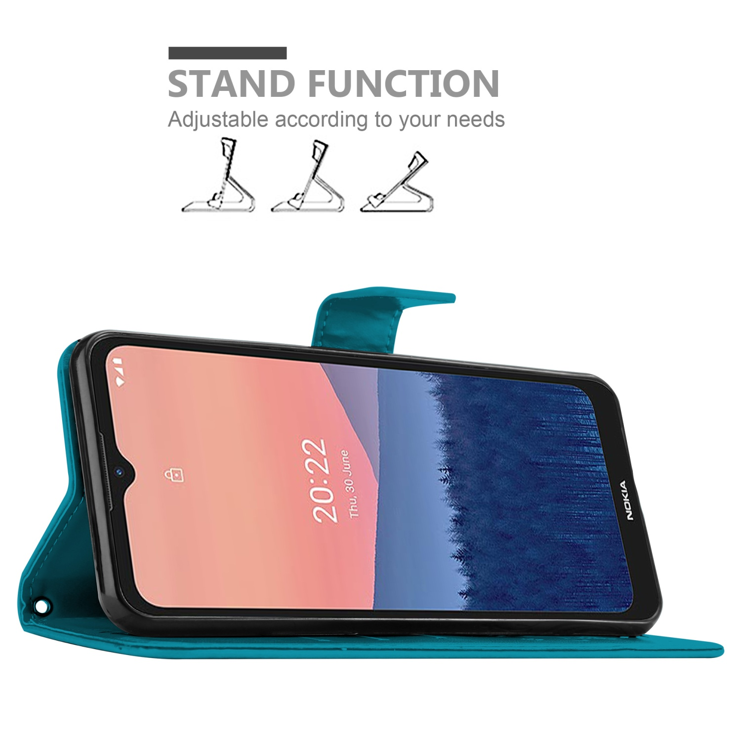 Telefono in una custodia turchese, funzione supporto mostrata. Testo: FUNZIONE SUPPORTO.