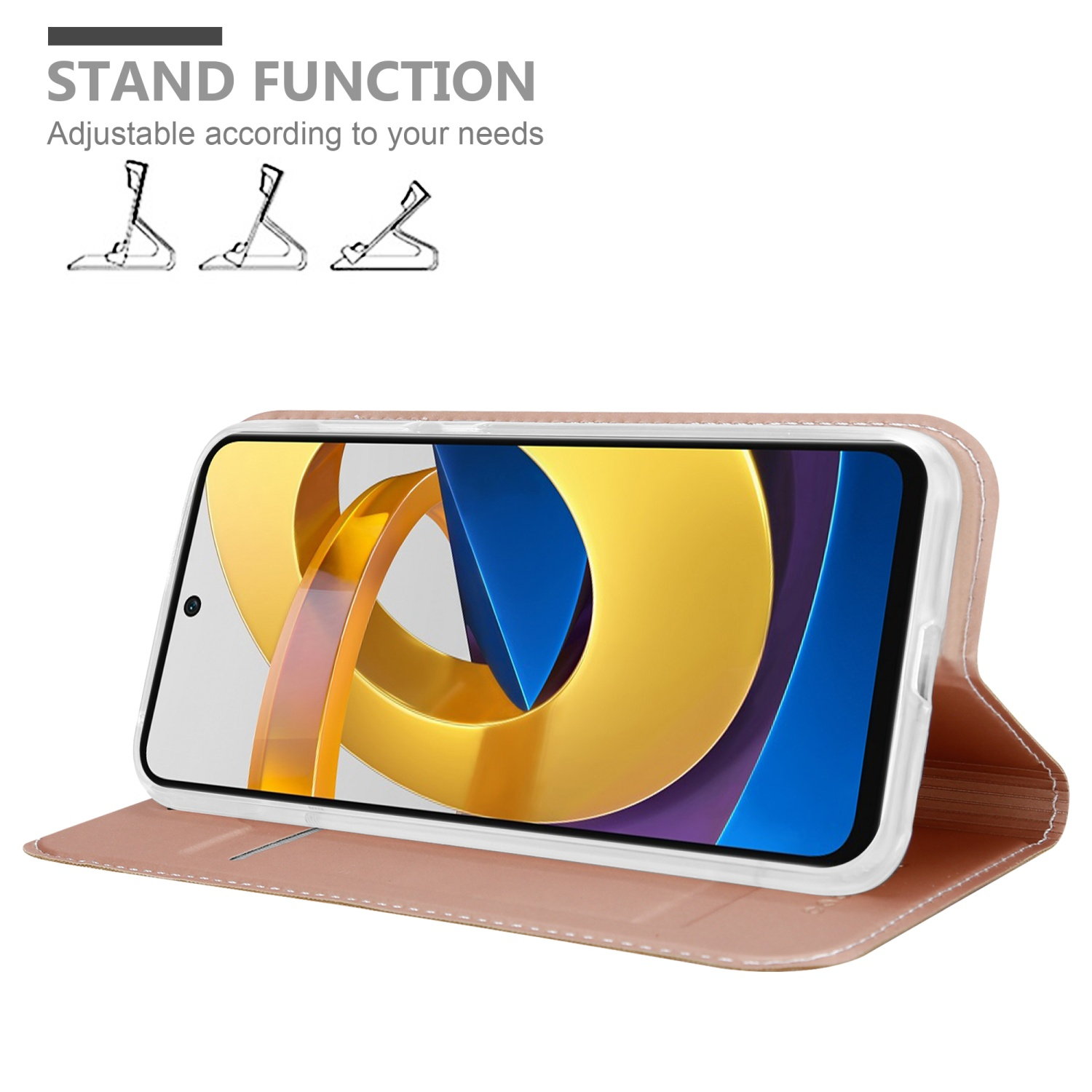 Una custodia per telefono rosa con funzione di supporto. Il telefono ha uno schermo che mostra un design dorato.