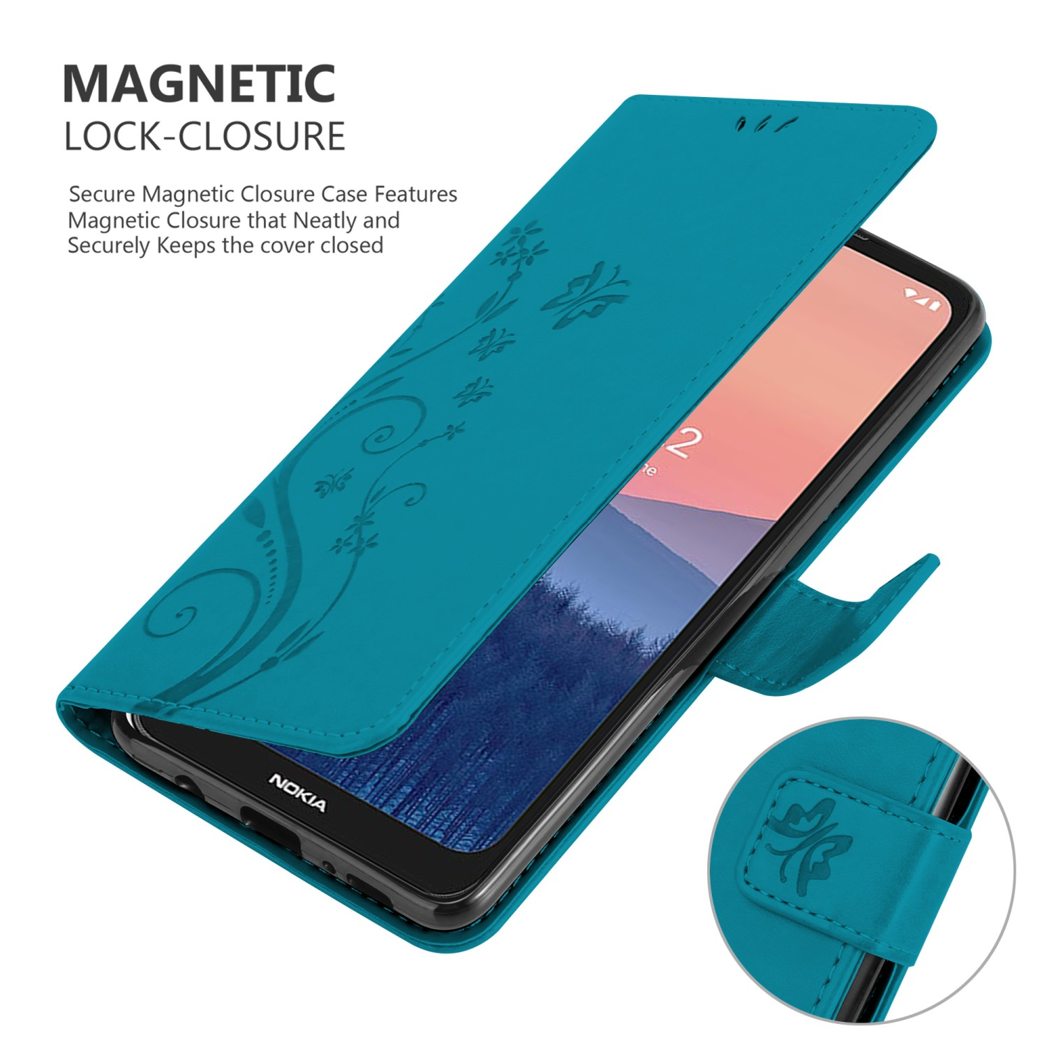 Custodia turchese aperta, che mostra il telefono con design a chiusura magnetica.