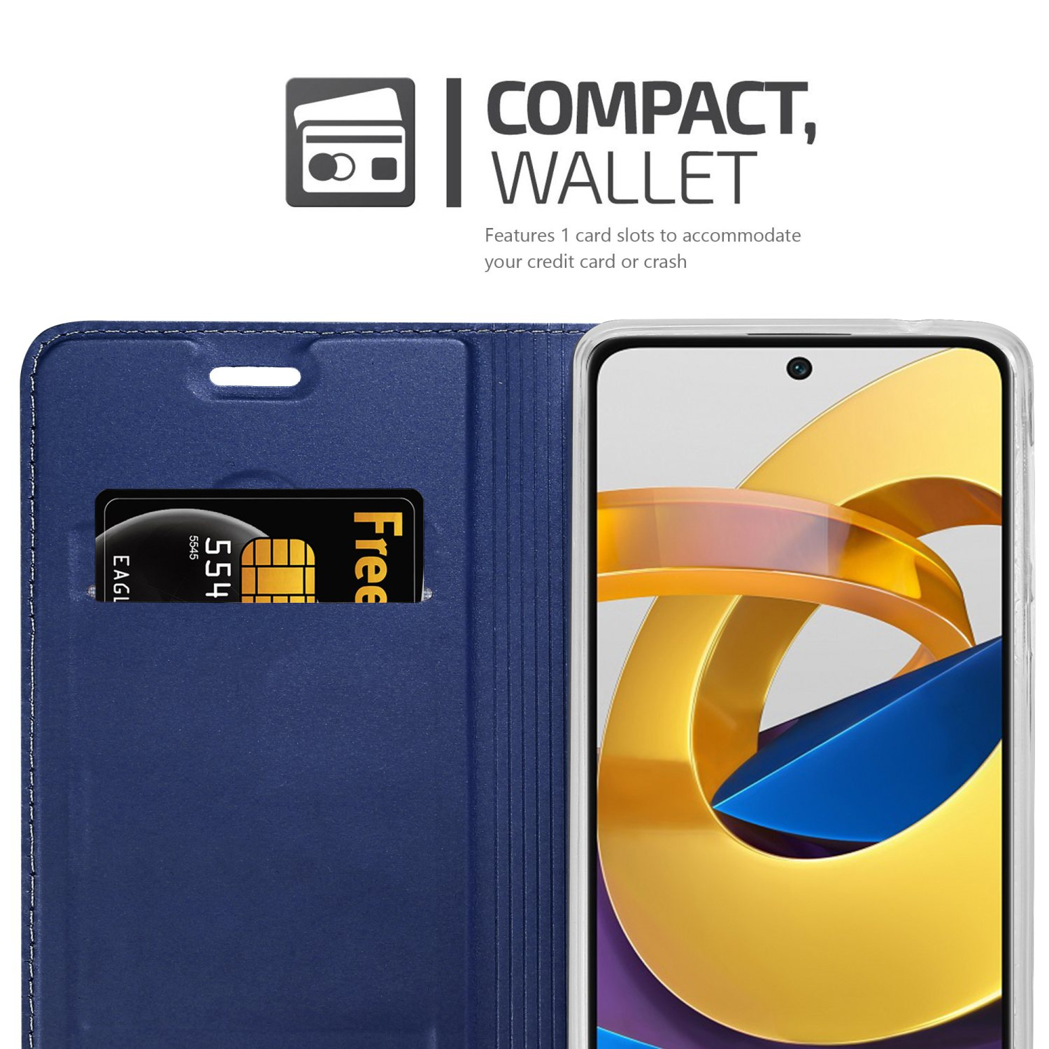 Una custodia a portafoglio blu per telefono con uno slot per carte. Un telefono è visibile all'interno della custodia.