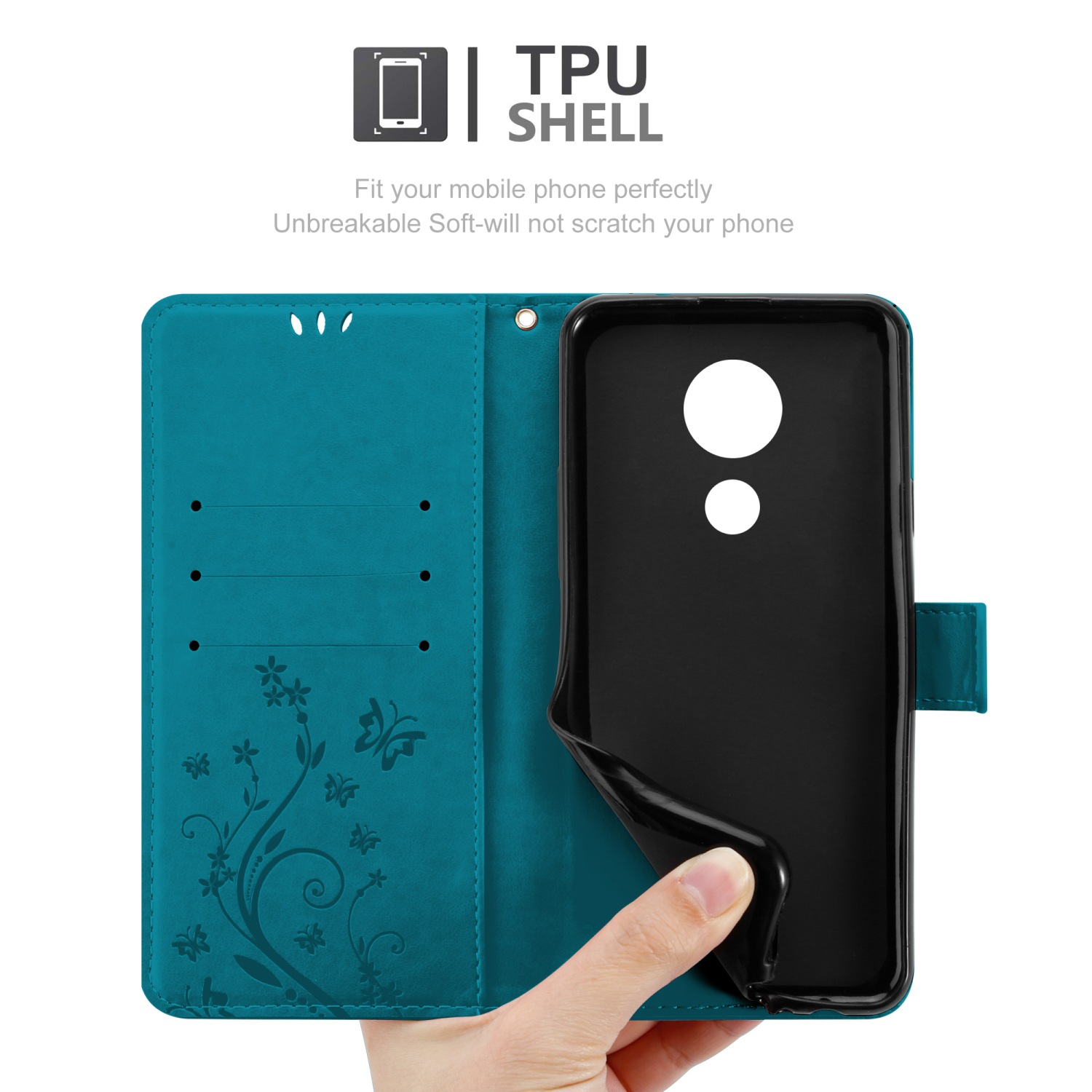 Custodia per telefono verde acqua aperta per mostrare un telefono, con design floreale e una mano che tiene la custodia.