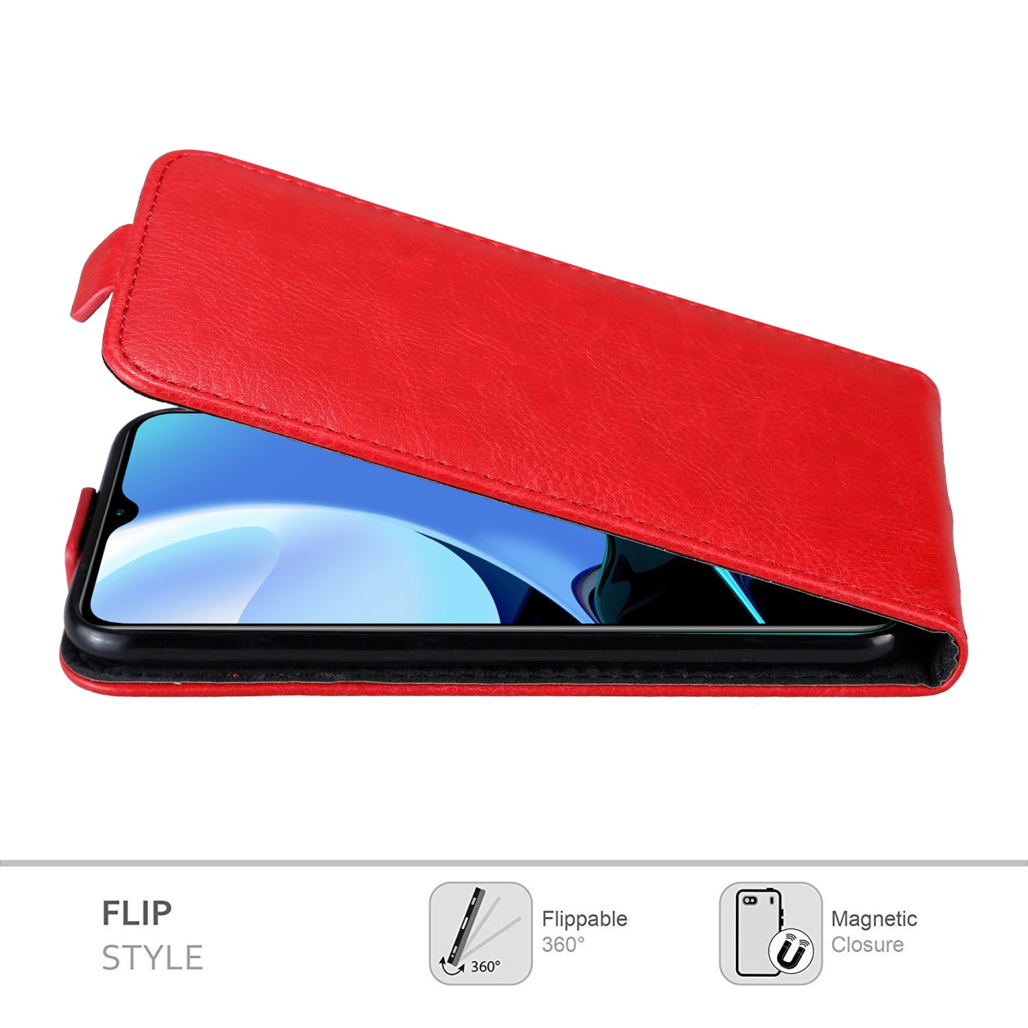 Rote Handyhülle, offen, zeigt das Telefon im Inneren. Es ist eine Flip-Style-Hülle.