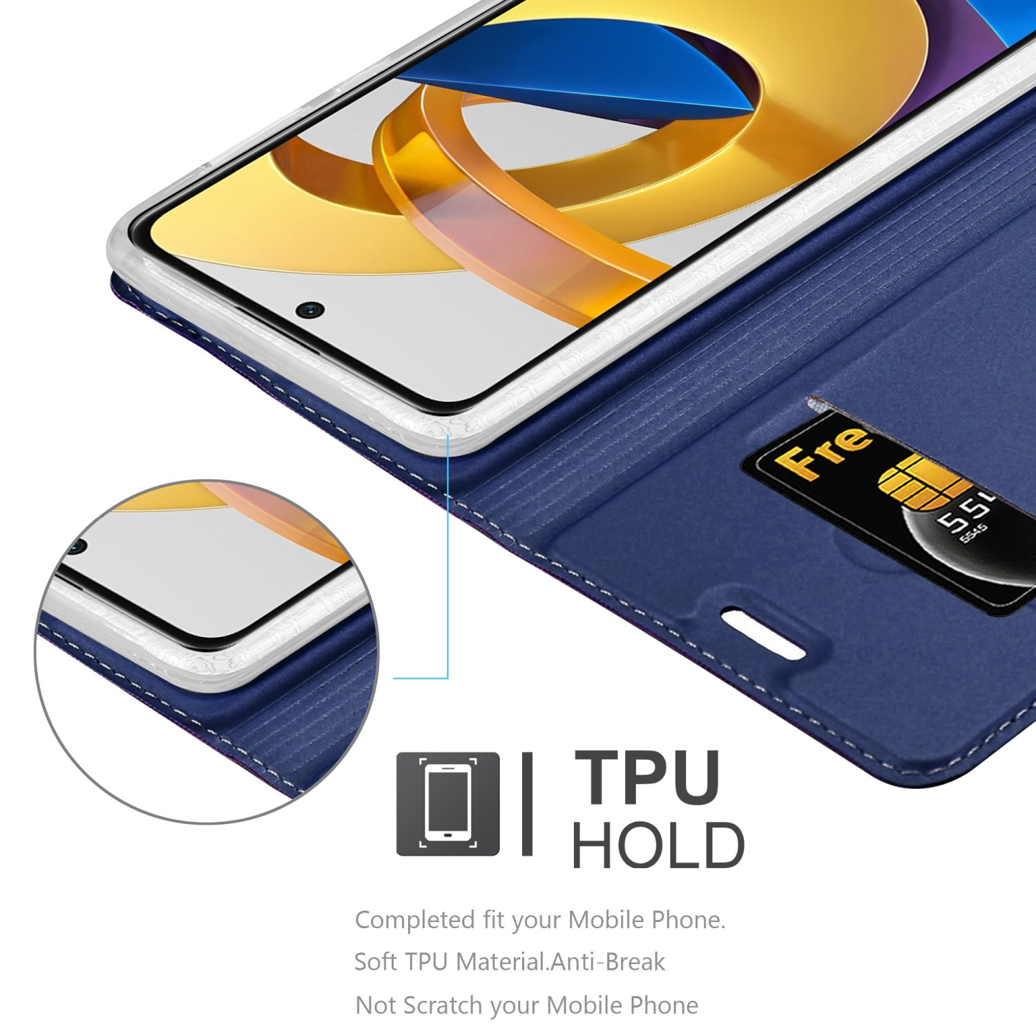 Custodia blu per telefono con un telefono all'interno. La custodia del telefono è aperta, mostrando lo schermo e uno slot per schede.