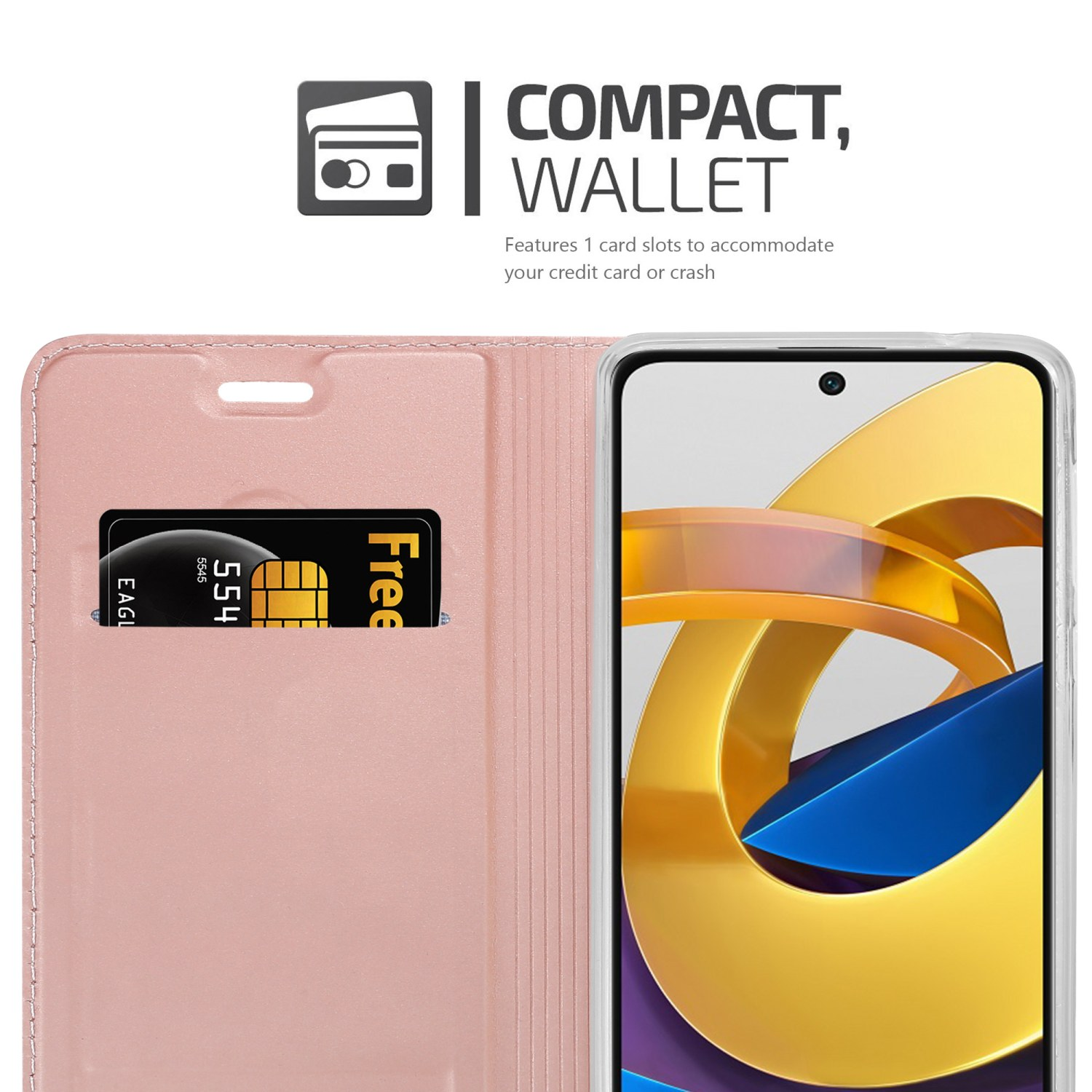 Custodia a portafoglio rosa per telefono. Ha uno slot per carte con una carta all'interno e uno schermo visibile.