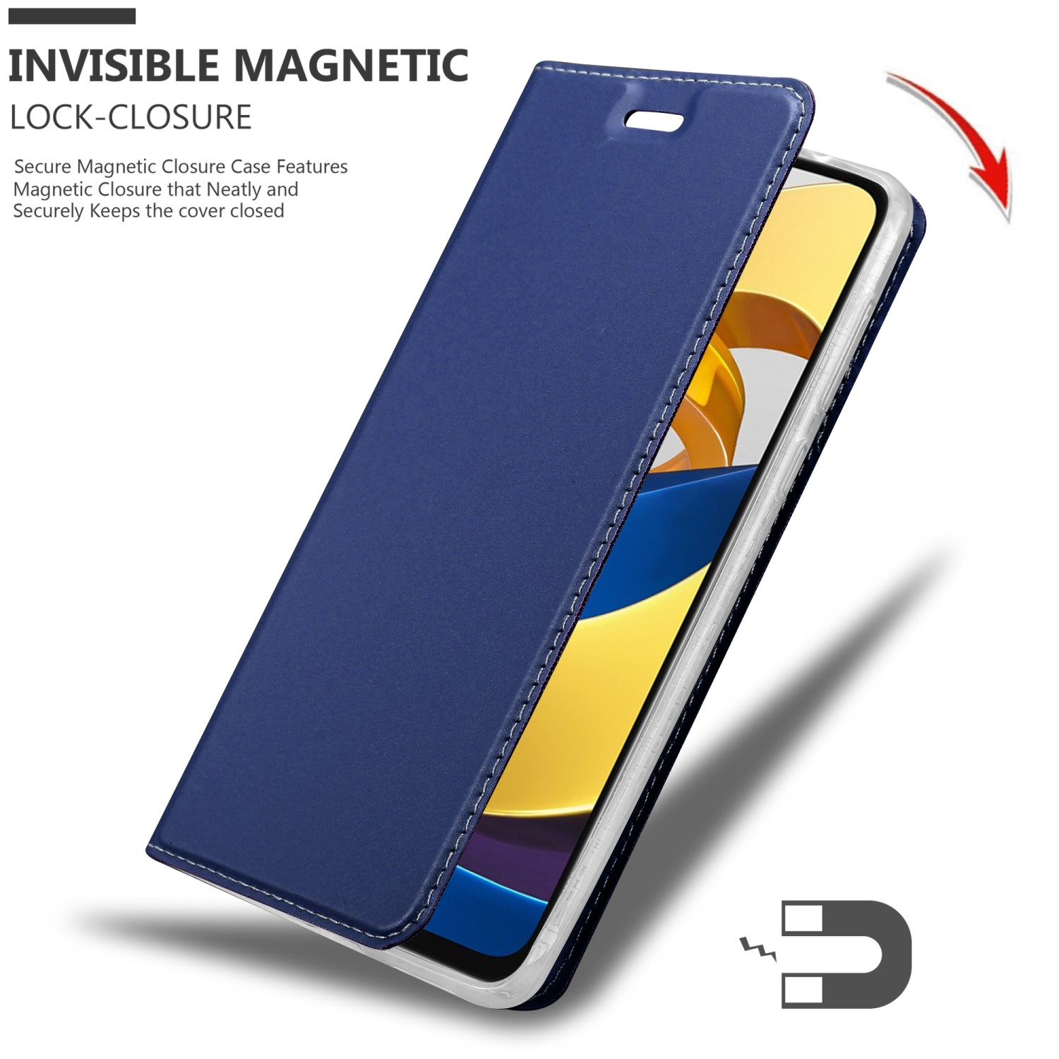 Custodia blu per telefono con chiusura magnetica. La custodia è aperta, rivelando il telefono. Una freccia indica la chiusura.