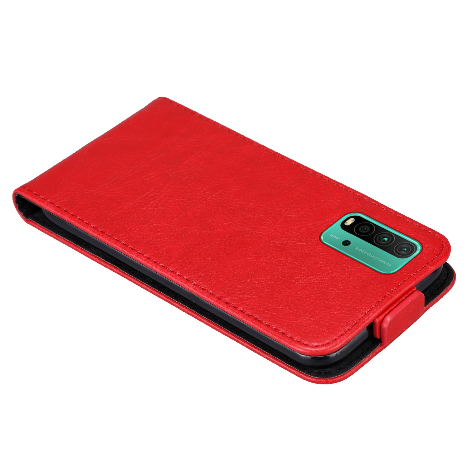 Rote Leder-Handyhülle, geschlossen. Das Telefon ist nicht sichtbar. Rote Farbe.