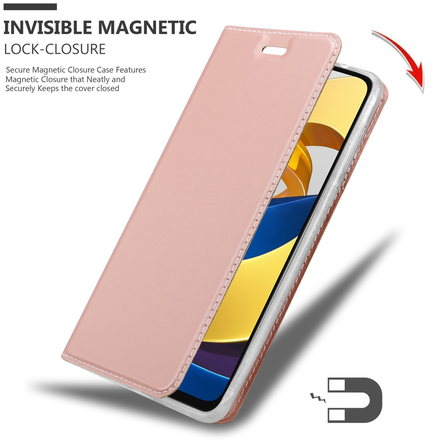 Custodia rosa per telefono con chiusura magnetica. Il telefono è all'interno della custodia.