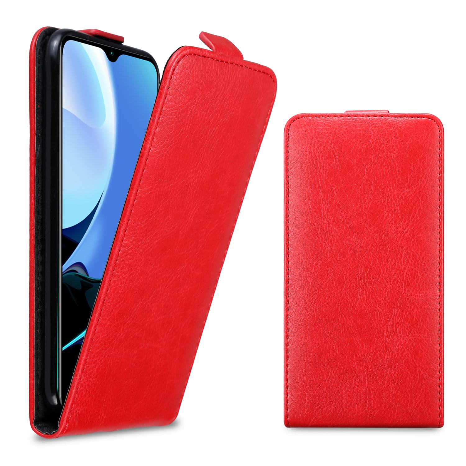 Rote Handyhülle mit Flip-Design. Zeigt das Telefon im Inneren und die gefaltete Abdeckung.