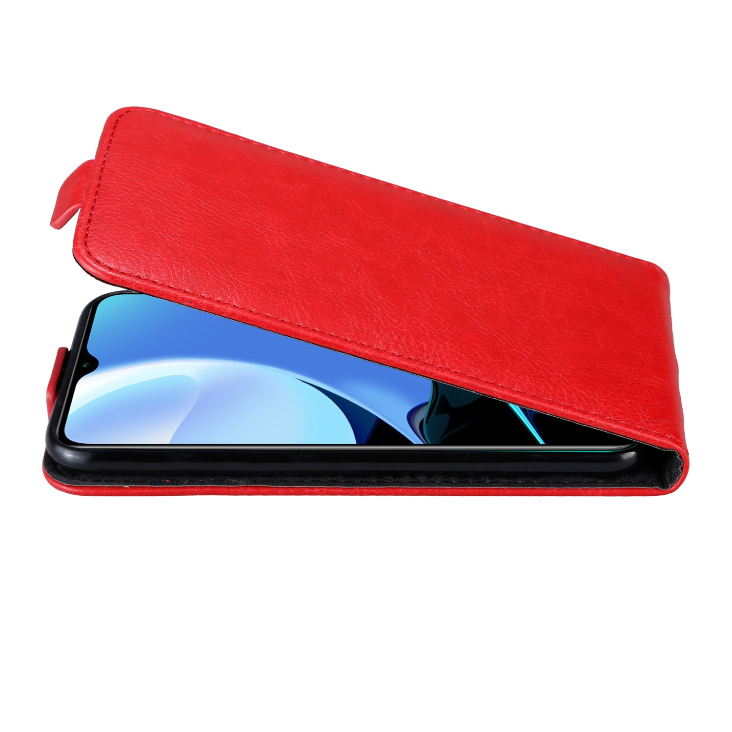 Rote Handyhülle. Geöffnete Handyhülle mit Telefon darin. Das Telefon ist schwarz mit blauem Bildschirm.