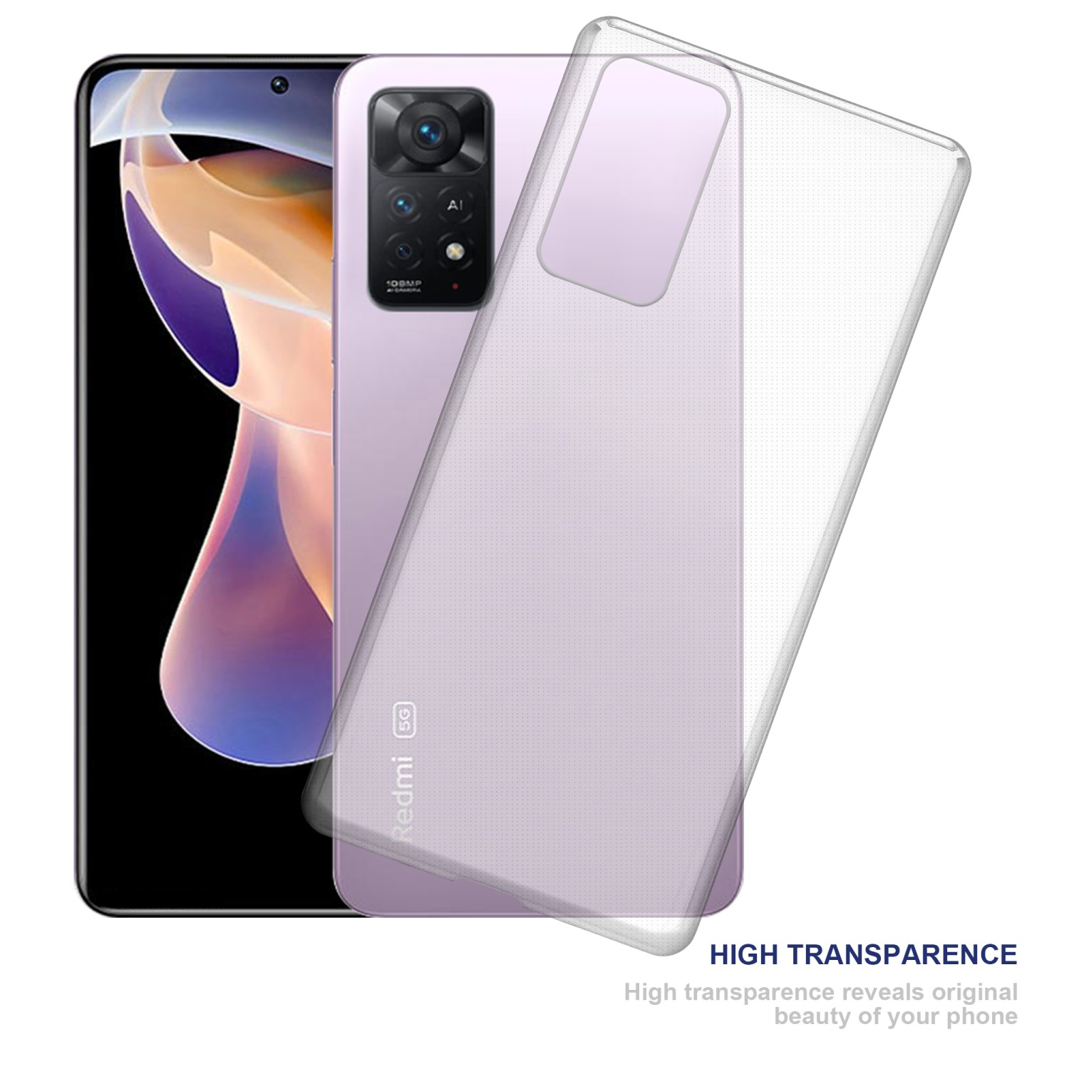Ein Telefon mit einer transparenten Hülle und dem Text HIGH TRANSPARENCE.