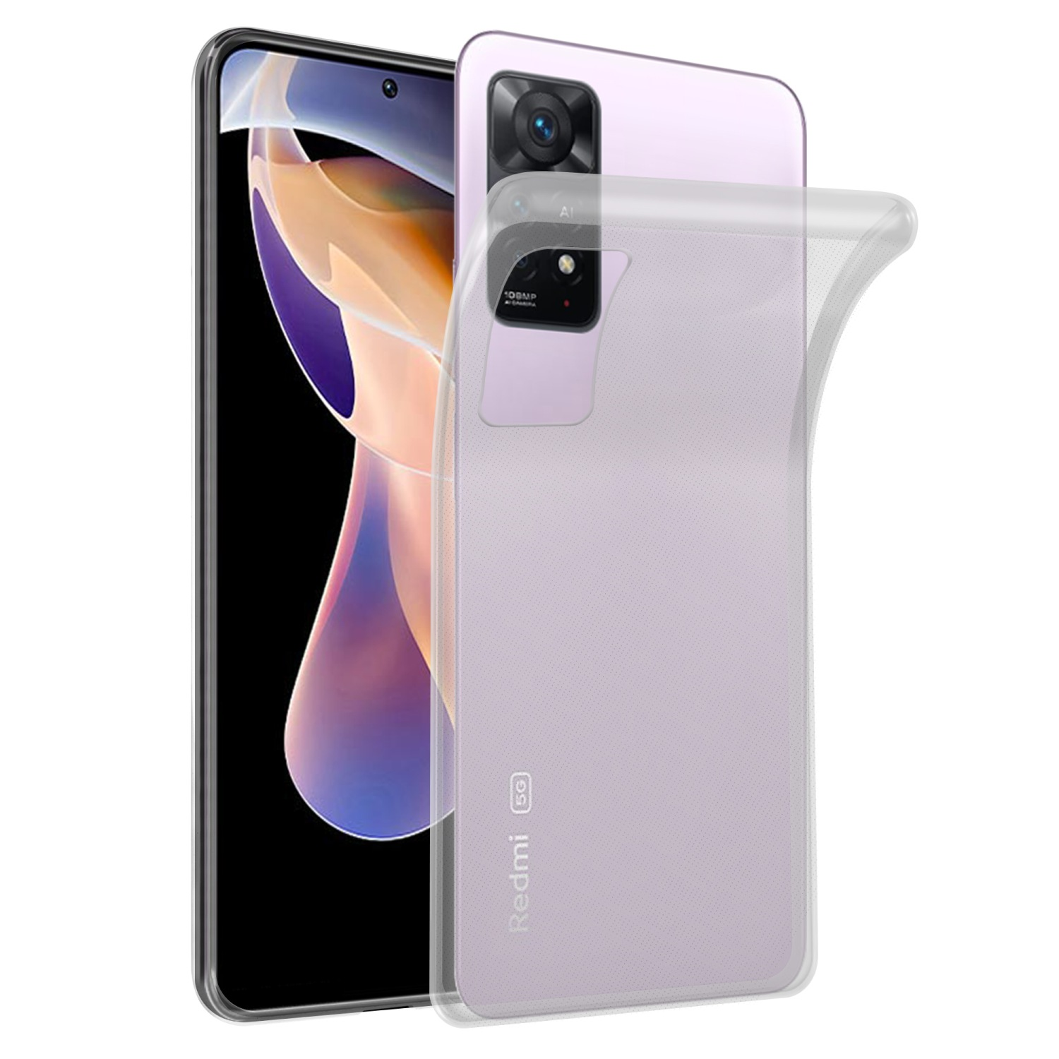 Eine transparente Handyhülle auf einem lila Telefon. Das Telefon steht auf weißem Hintergrund.