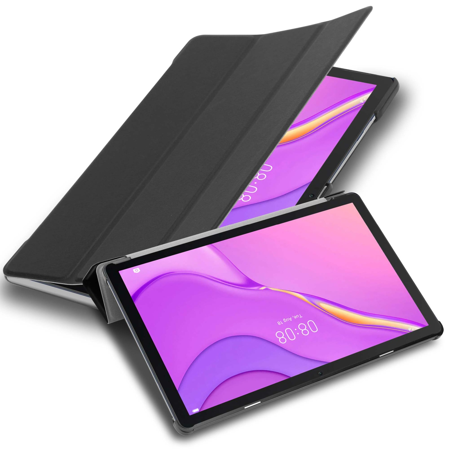 Schwarze Tablet-Hülle, offen, Tablet wird angezeigt. Buntes Bild auf dem Bildschirm. Schwarze Farbe.